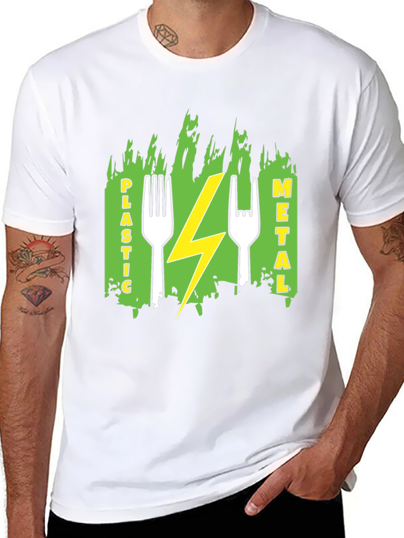 Plastic Metal Fork Lightning Bolt Graphic Tee