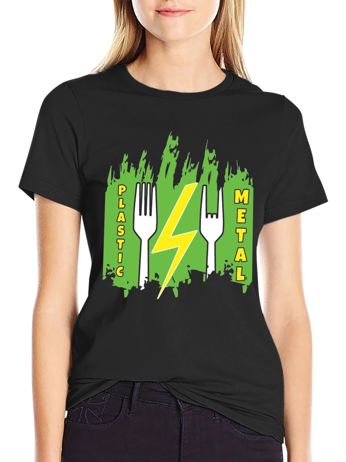Plastic Metal Fork Lightning Bolt Graphic Tee