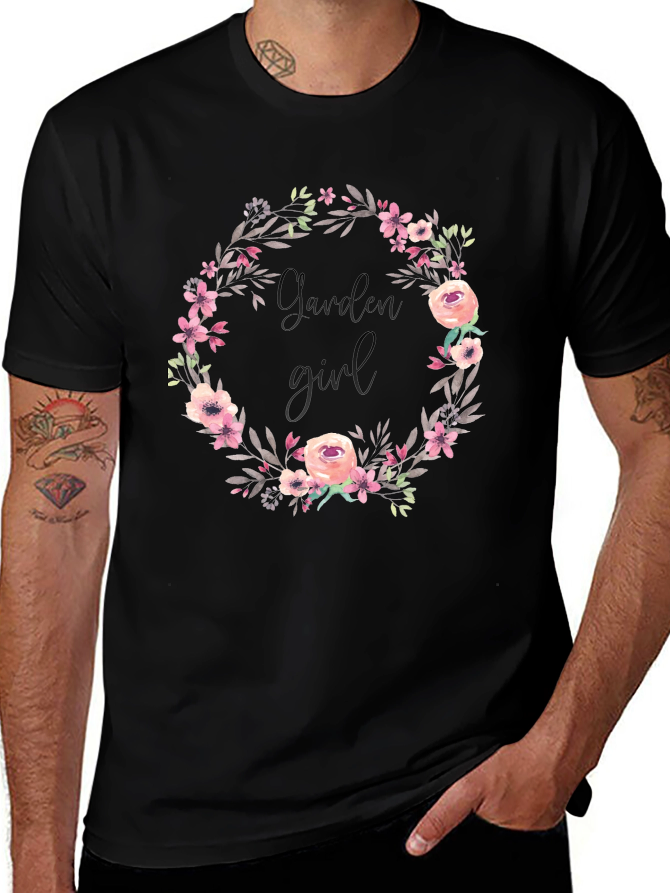 Garden Girl Floral Wreath Black T-Shirt