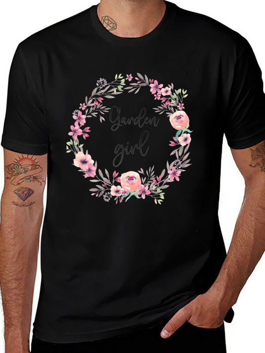 Garden Girl Floral Wreath Black T-Shirt