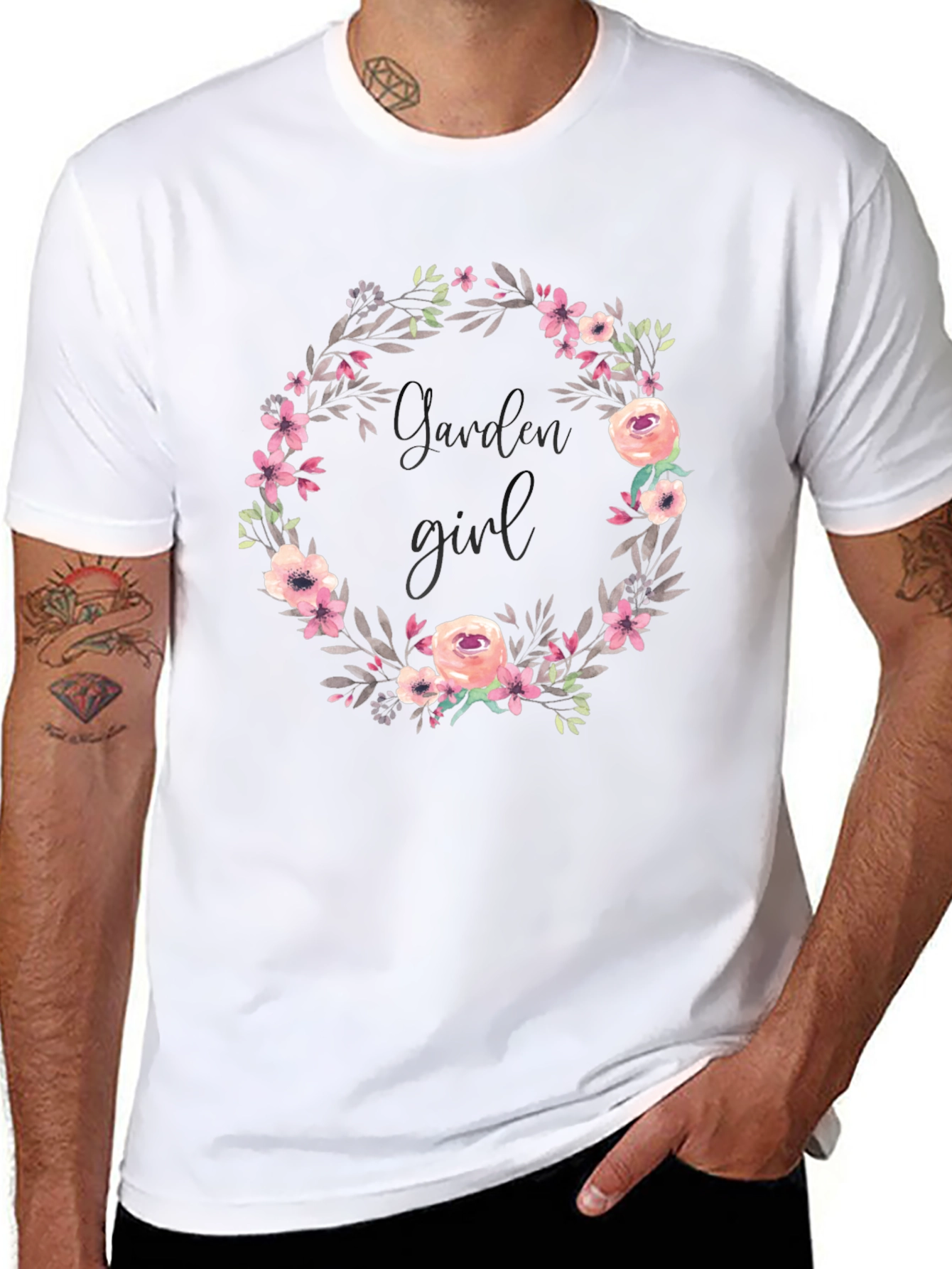 Garden Girl Floral Wreath Black T-Shirt