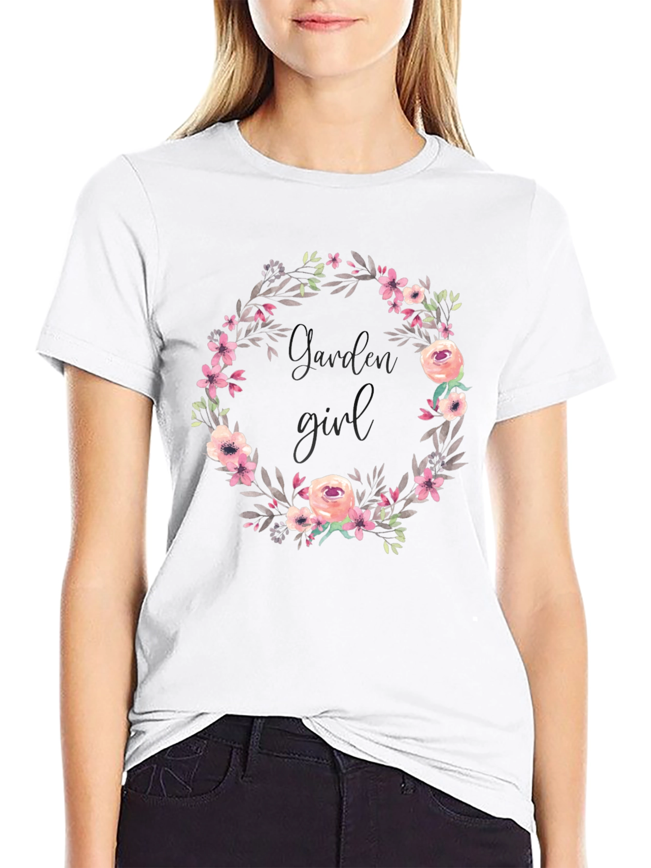 Garden Girl Floral Wreath Black T-Shirt