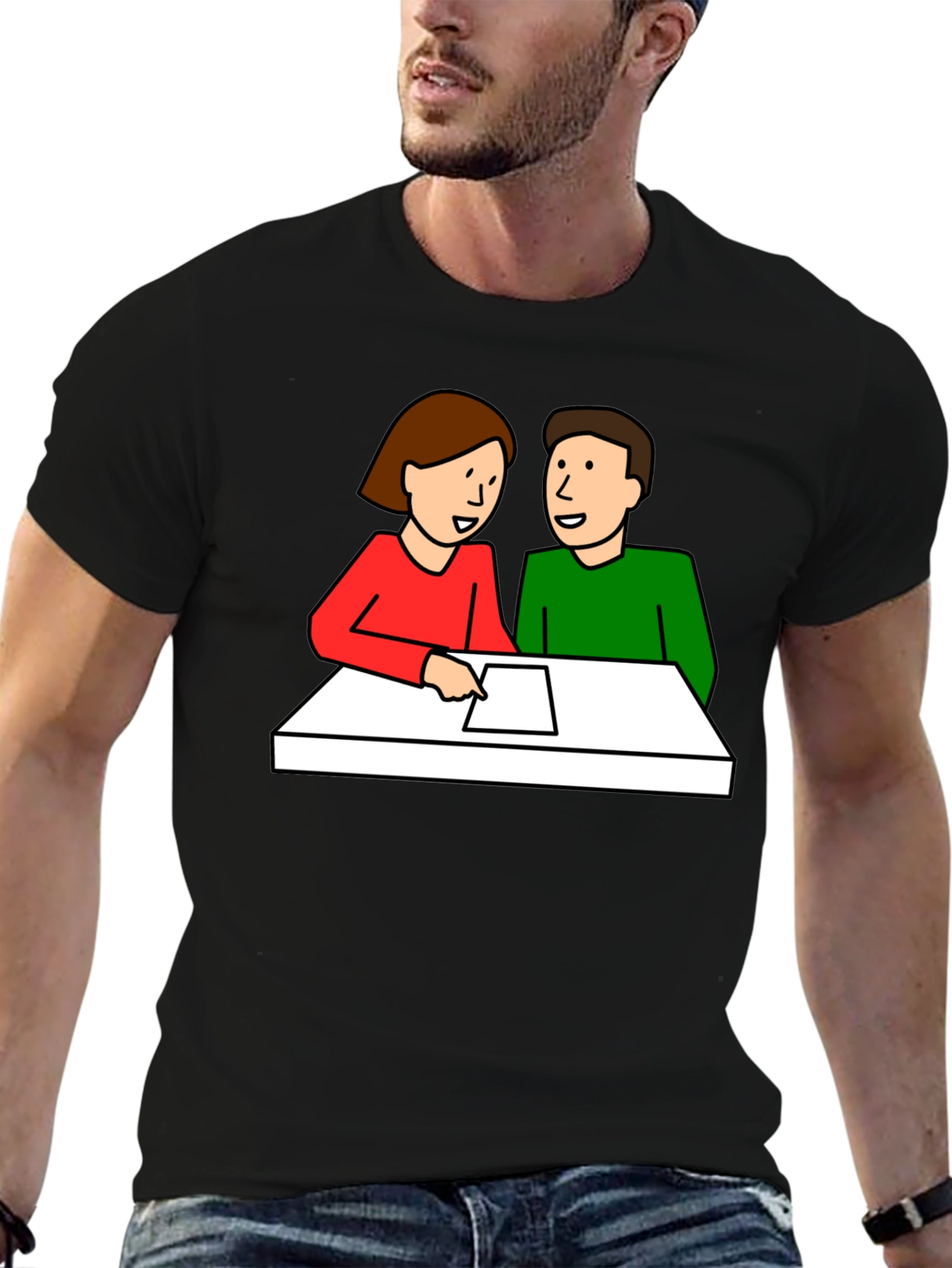 Cartoon Couple Meeting Black T-Shirt