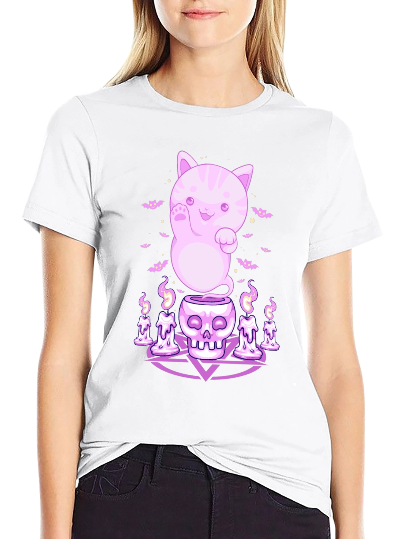 Kawaii Ghost Cat Black T-Shirt