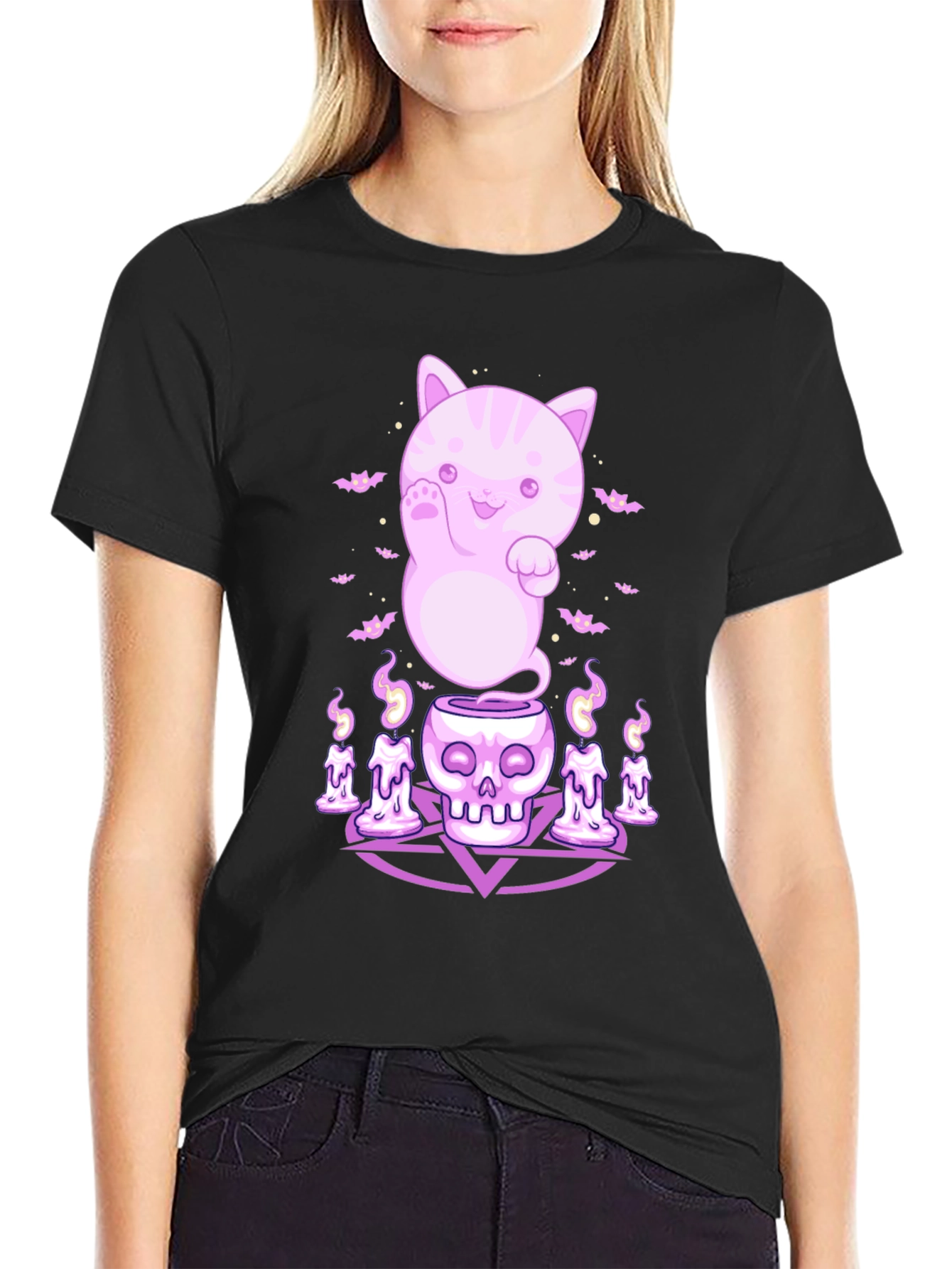Kawaii Ghost Cat Black T-Shirt