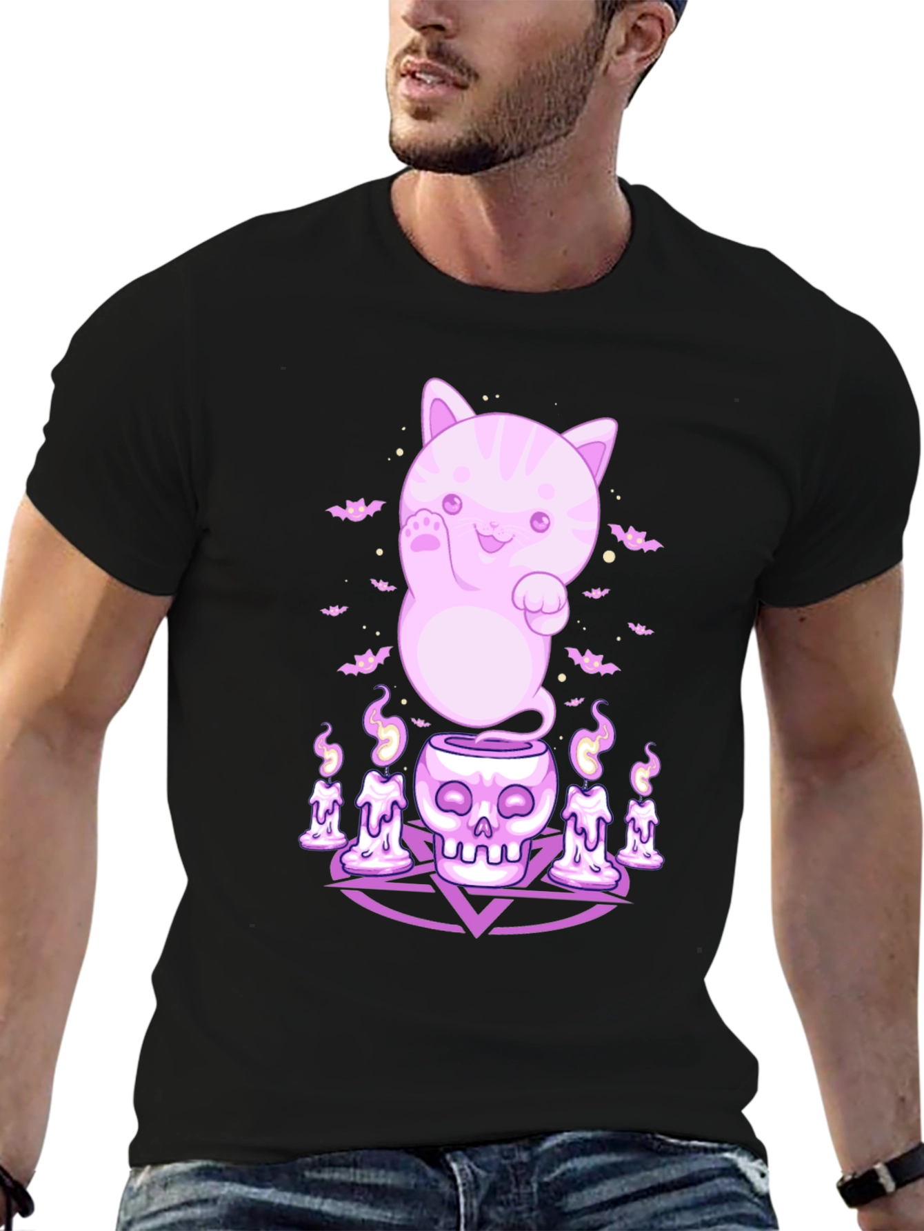 Kawaii Ghost Cat Black T-Shirt