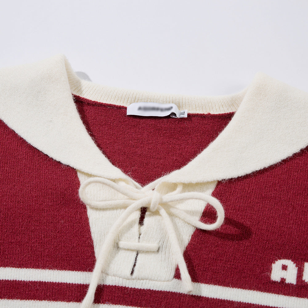 Navy Collar Knit Sweater Loose Fit Casual Crewneck Color-block Striped Knit Top