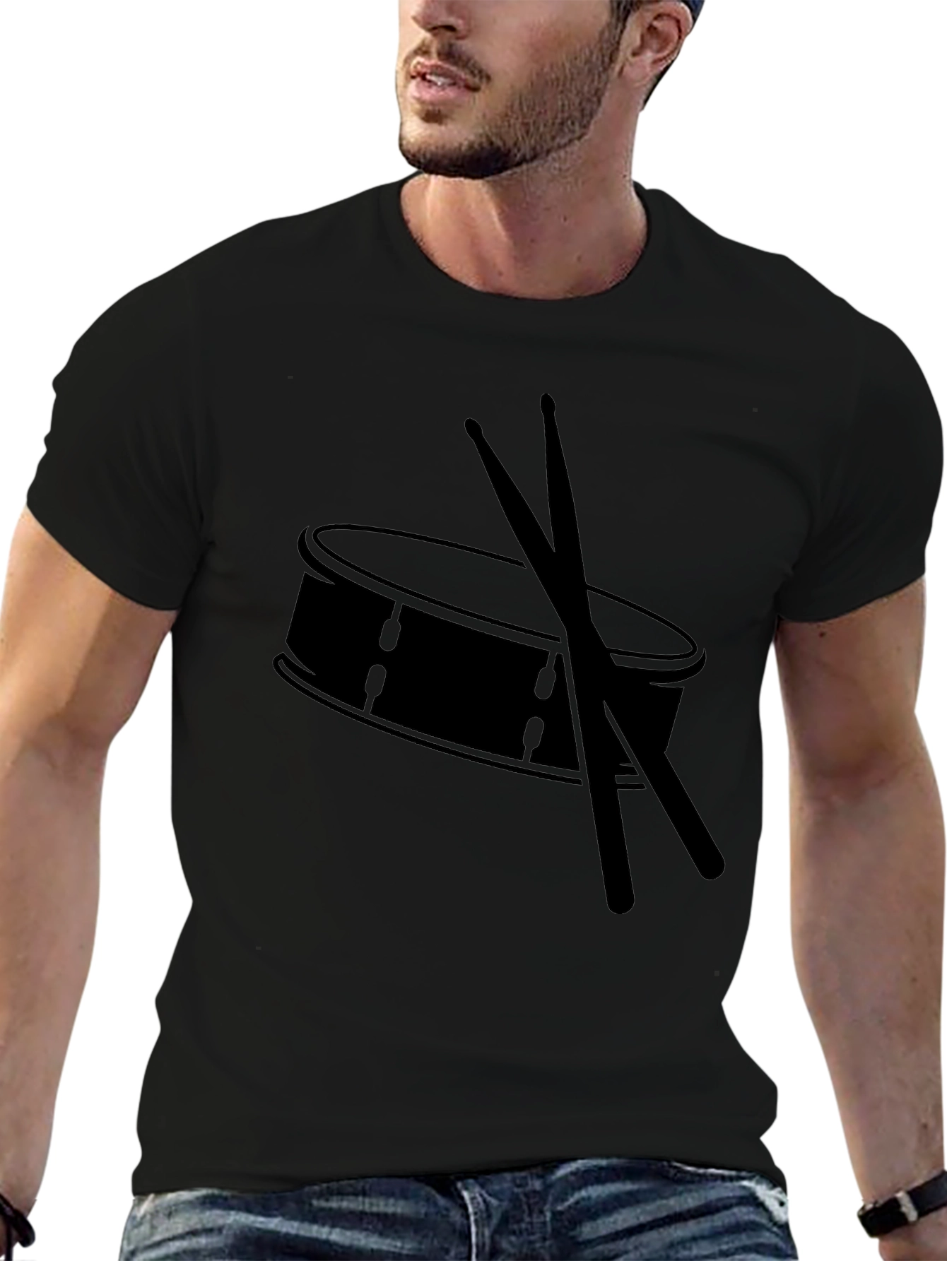 Drum and Sticks Graphic Tee - Black Cotton T-Shirt