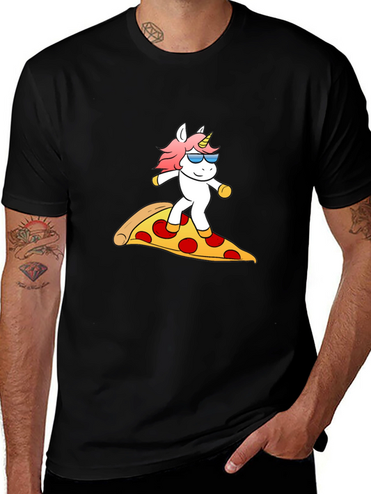 Unicorn Surfing Pizza Slice Graphic Tee - Black Cotton T-Shirt