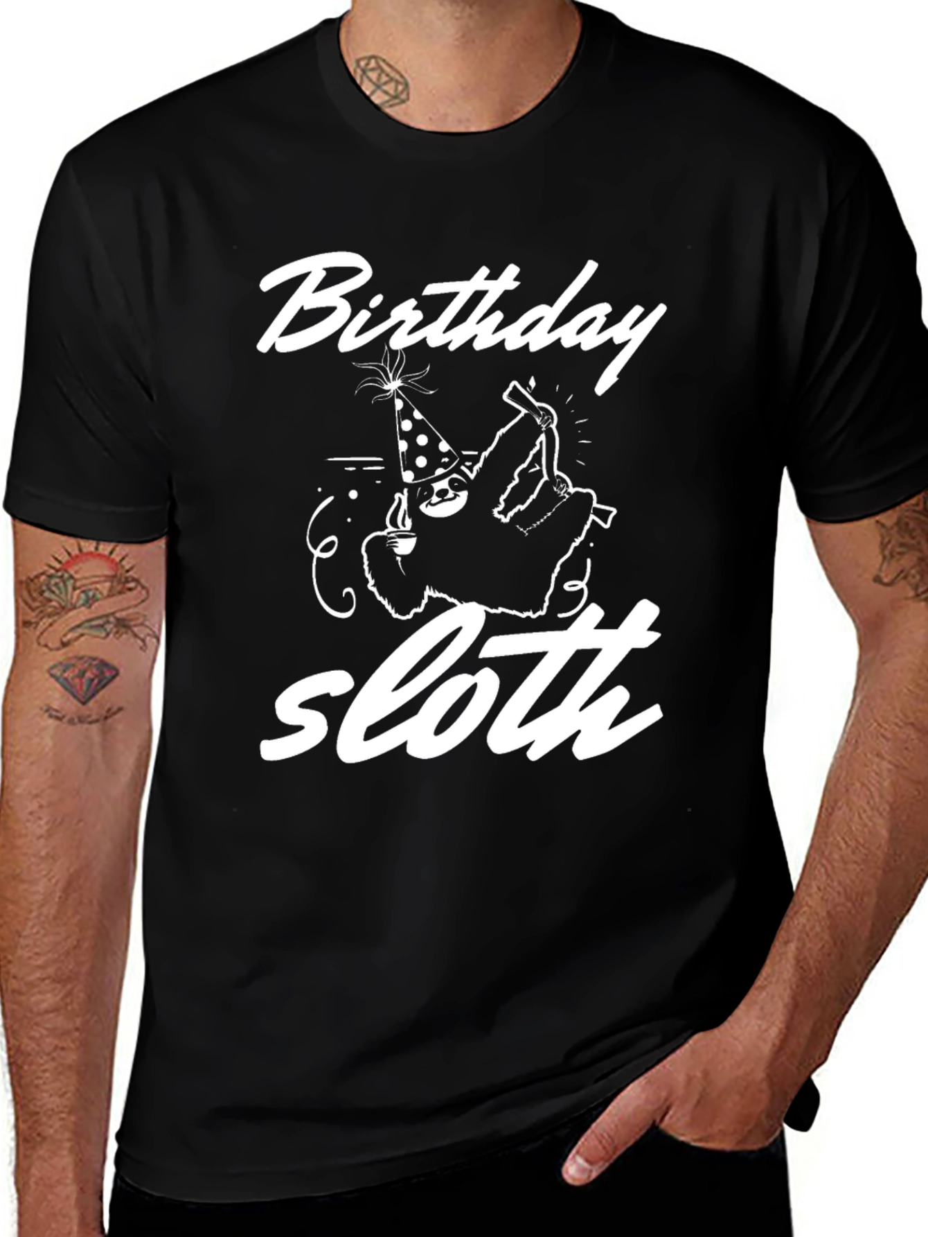Birthday Sloth Graphic Tee - Black Cotton T-Shirt