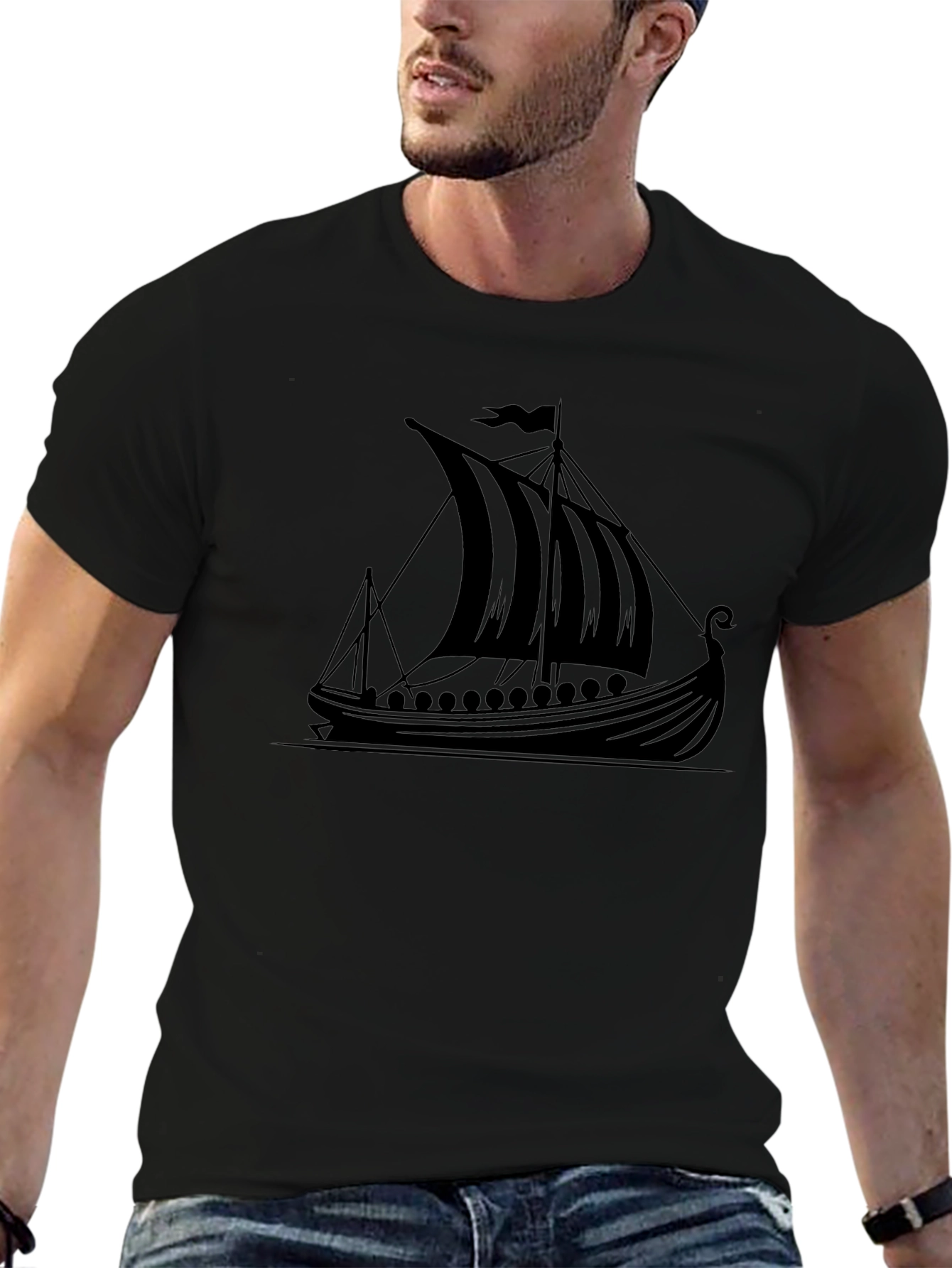 Viking Ship Graphic Tee - Black Cotton T-Shirt