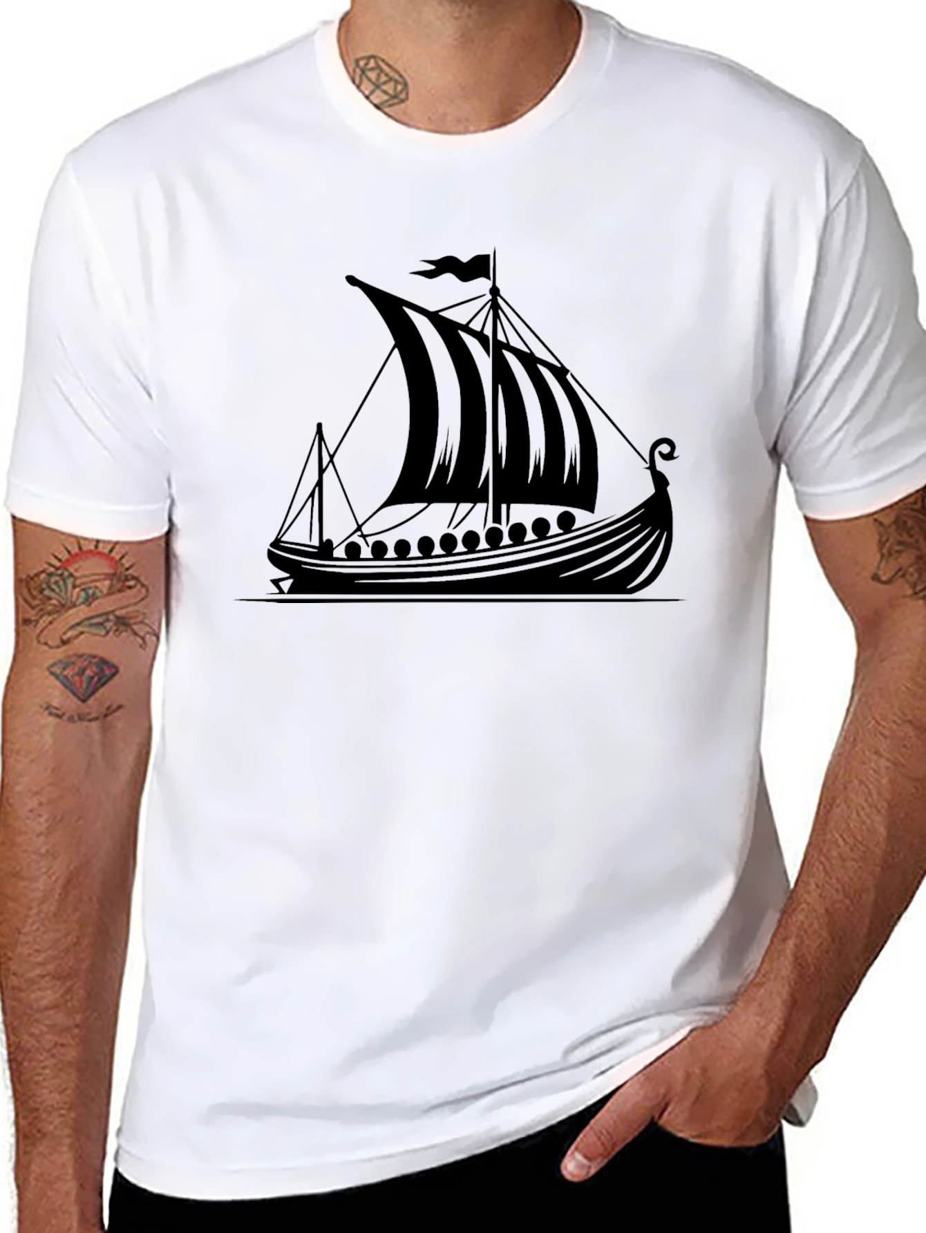 Viking Ship Graphic Tee - Black Cotton T-Shirt