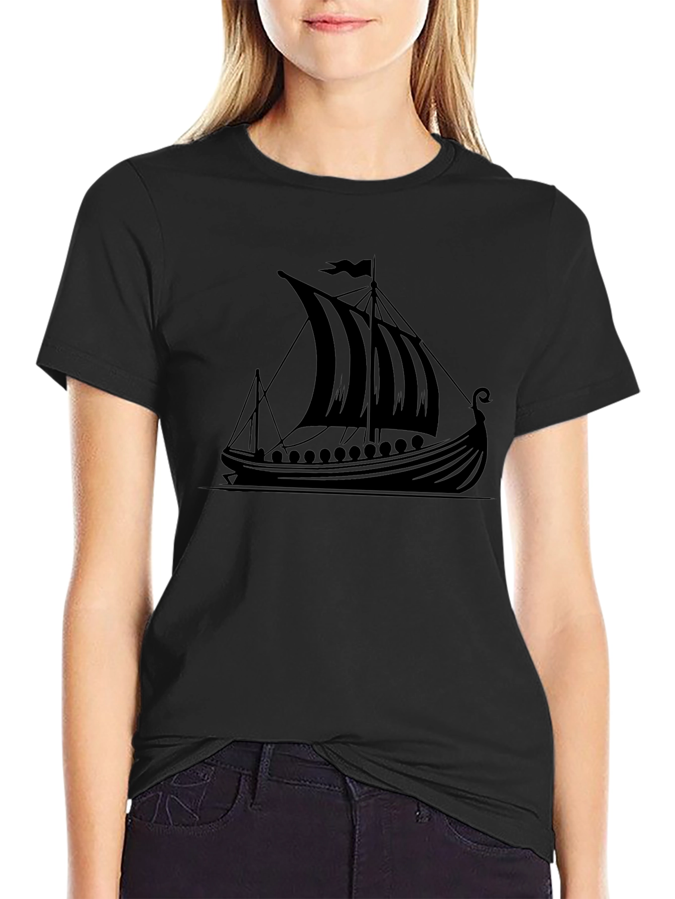 Viking Ship Graphic Tee - Black Cotton T-Shirt