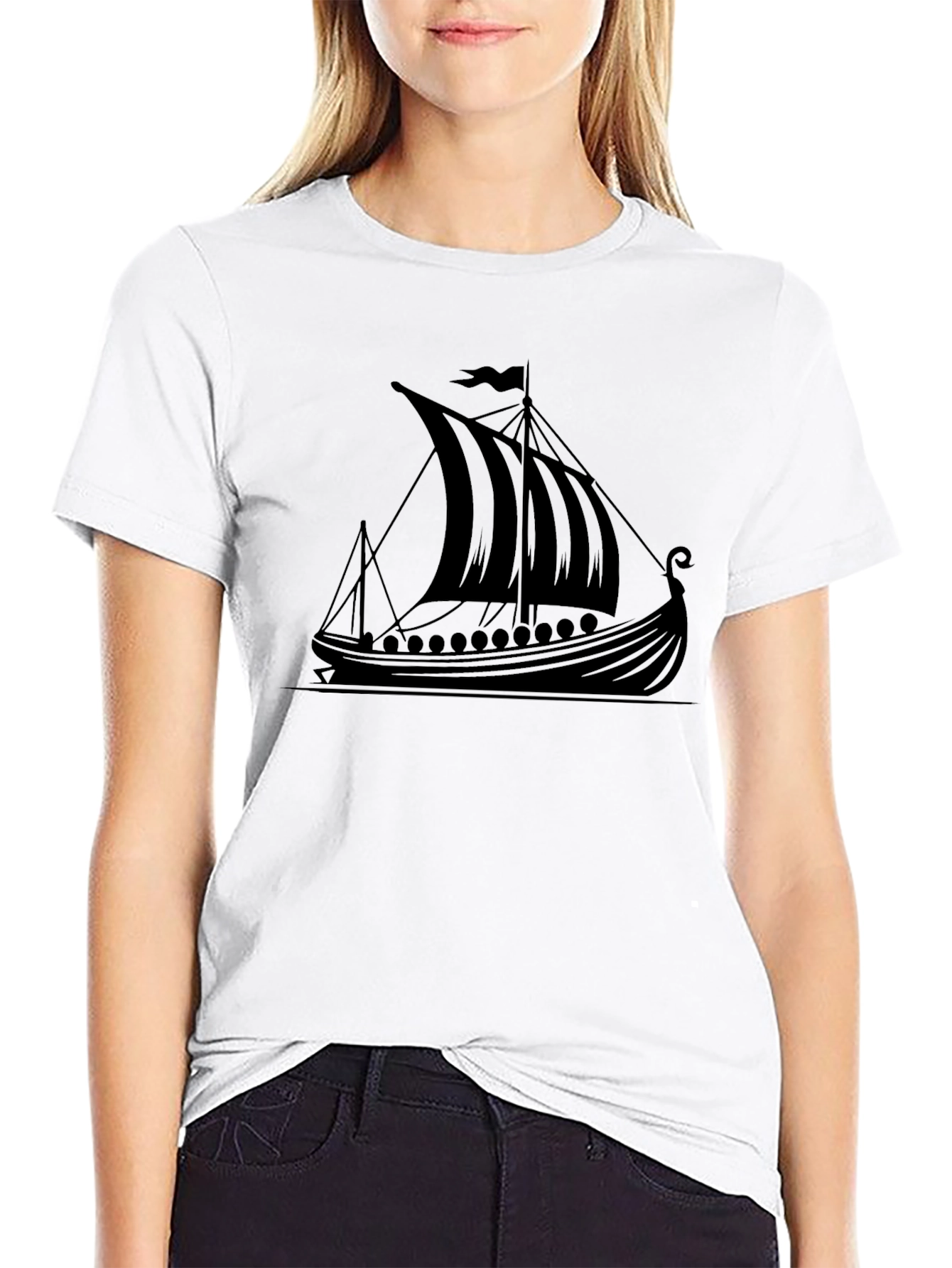 Viking Ship Graphic Tee - Black Cotton T-Shirt