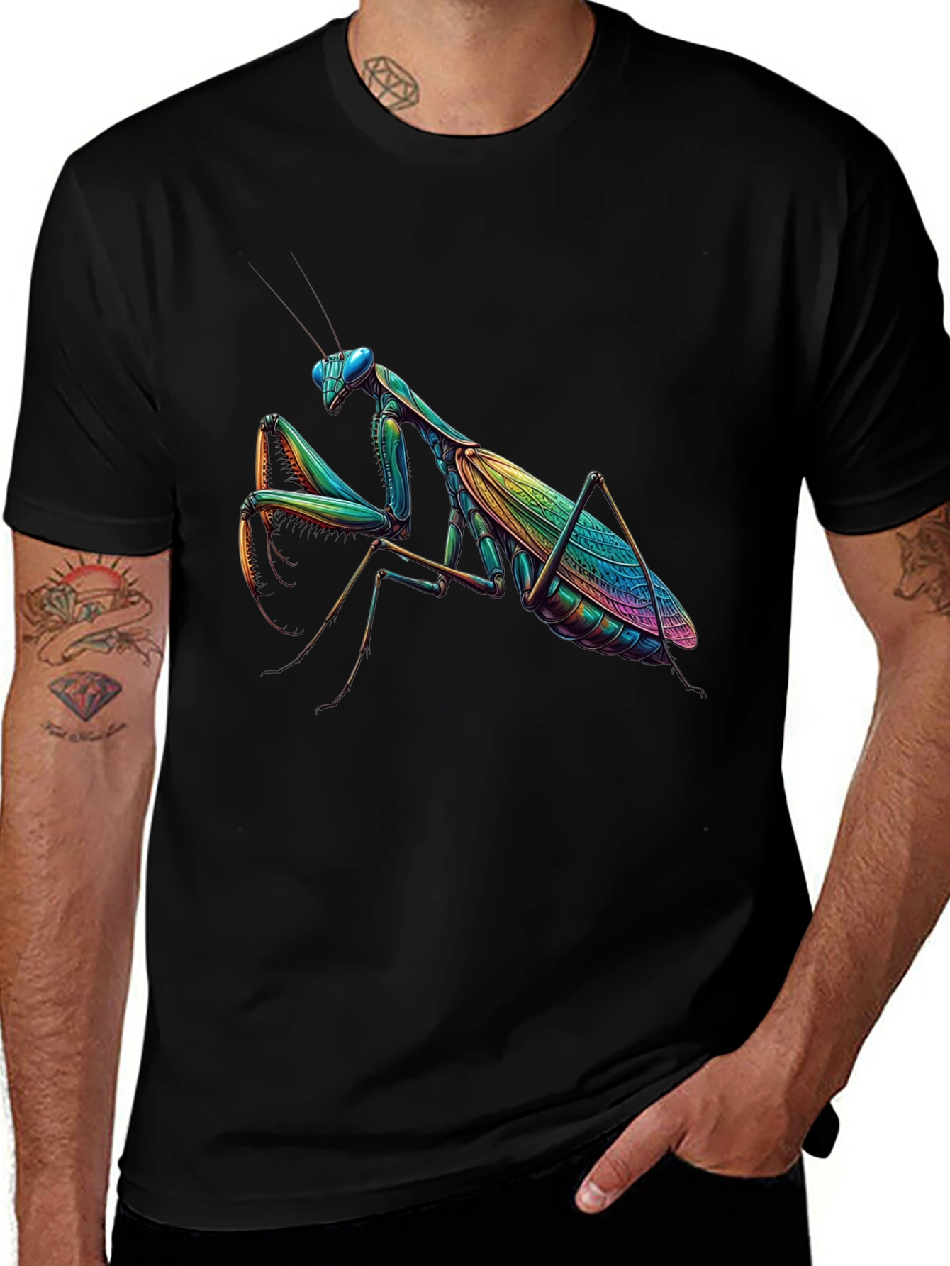 Rainbow Praying Mantis Graphic Tee - Unique Insect Design