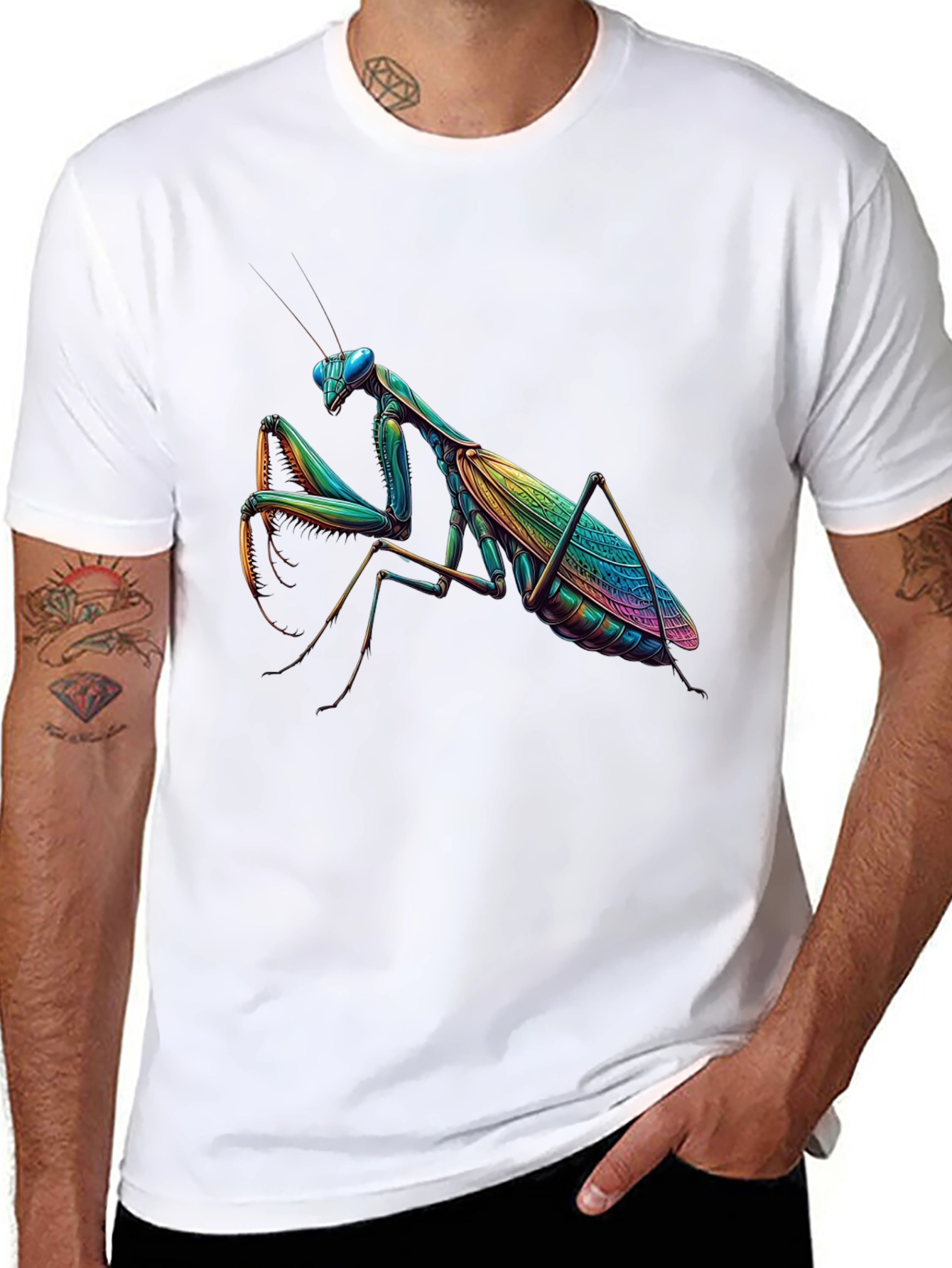 Rainbow Praying Mantis Graphic Tee - Unique Insect Design