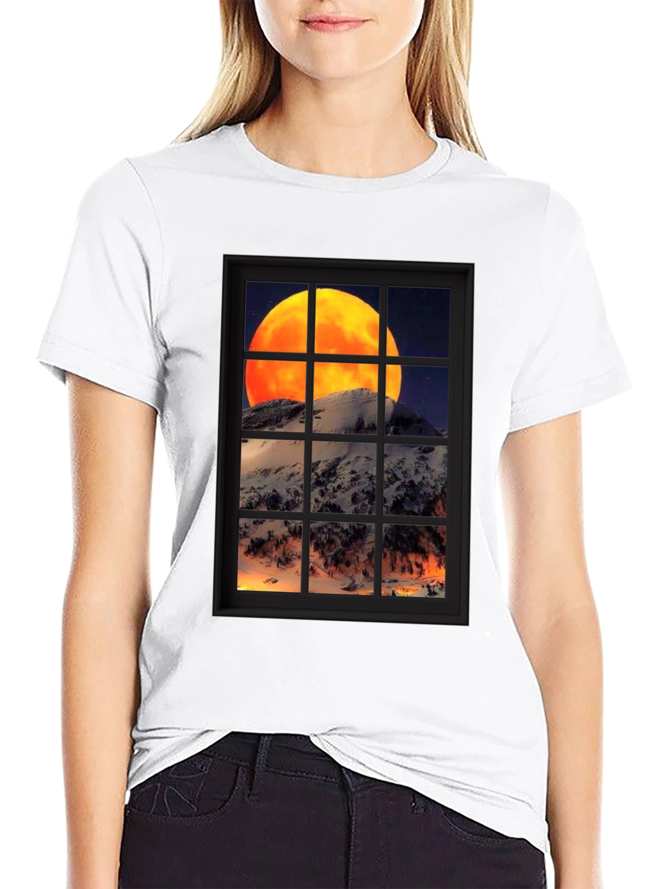Moon Over Mountain Window View T-Shirt