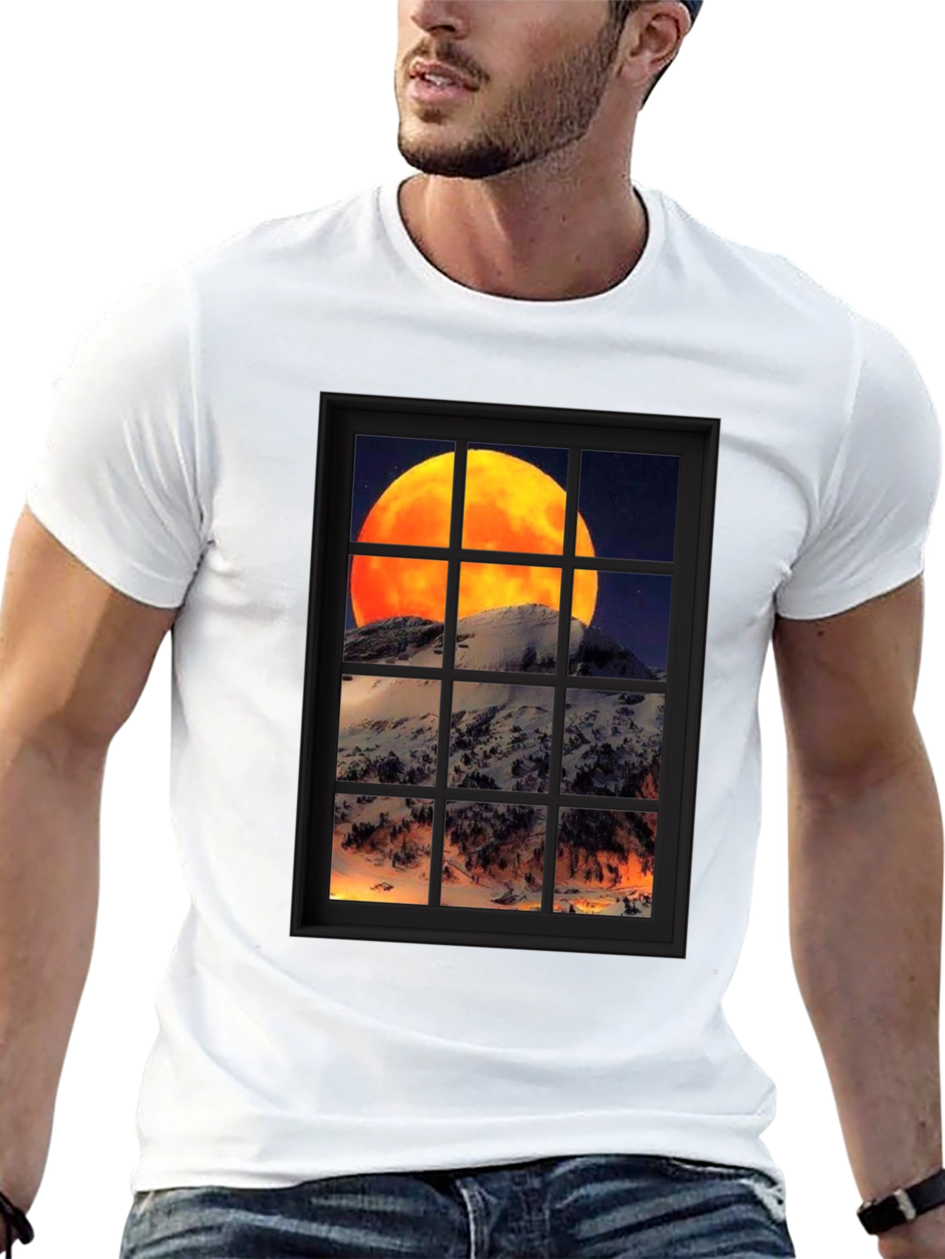 Moon Over Mountain Window View T-Shirt