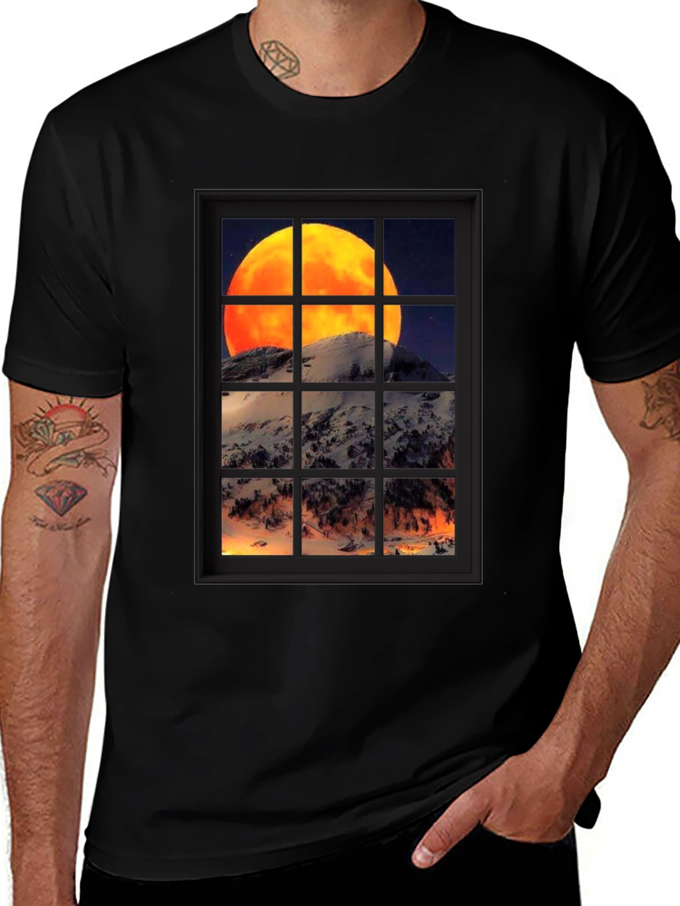 Moon Over Mountain Window View T-Shirt