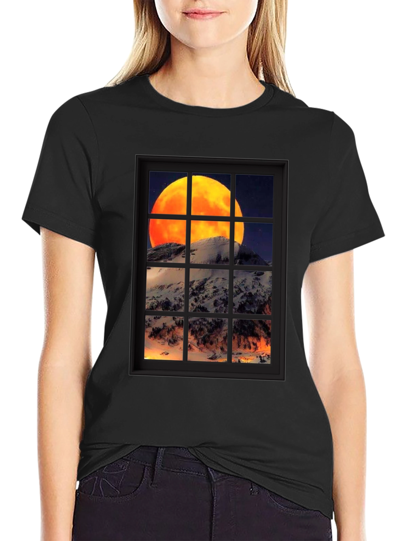 Moon Over Mountain Window View T-Shirt