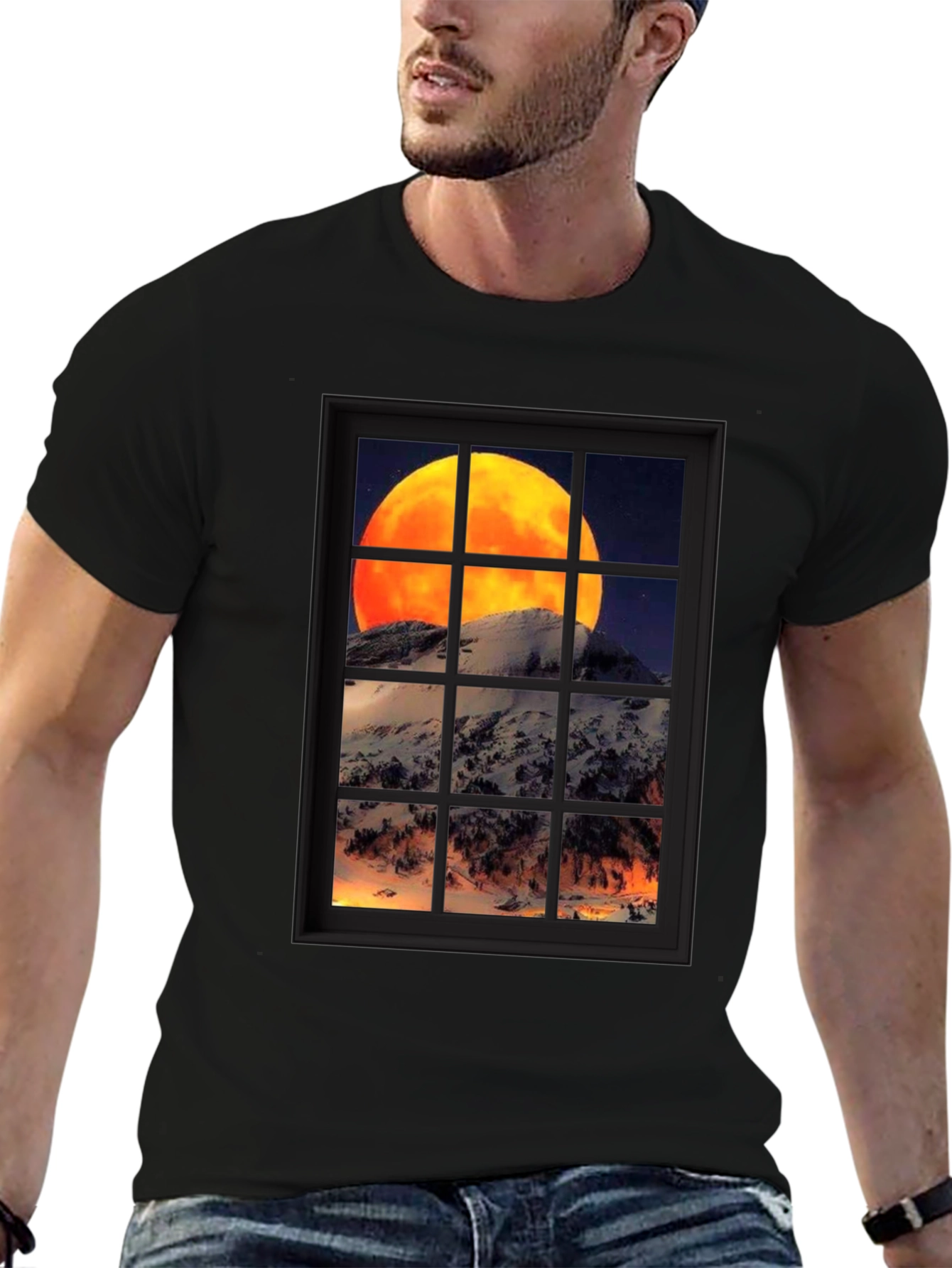 Moon Over Mountain Window View T-Shirt