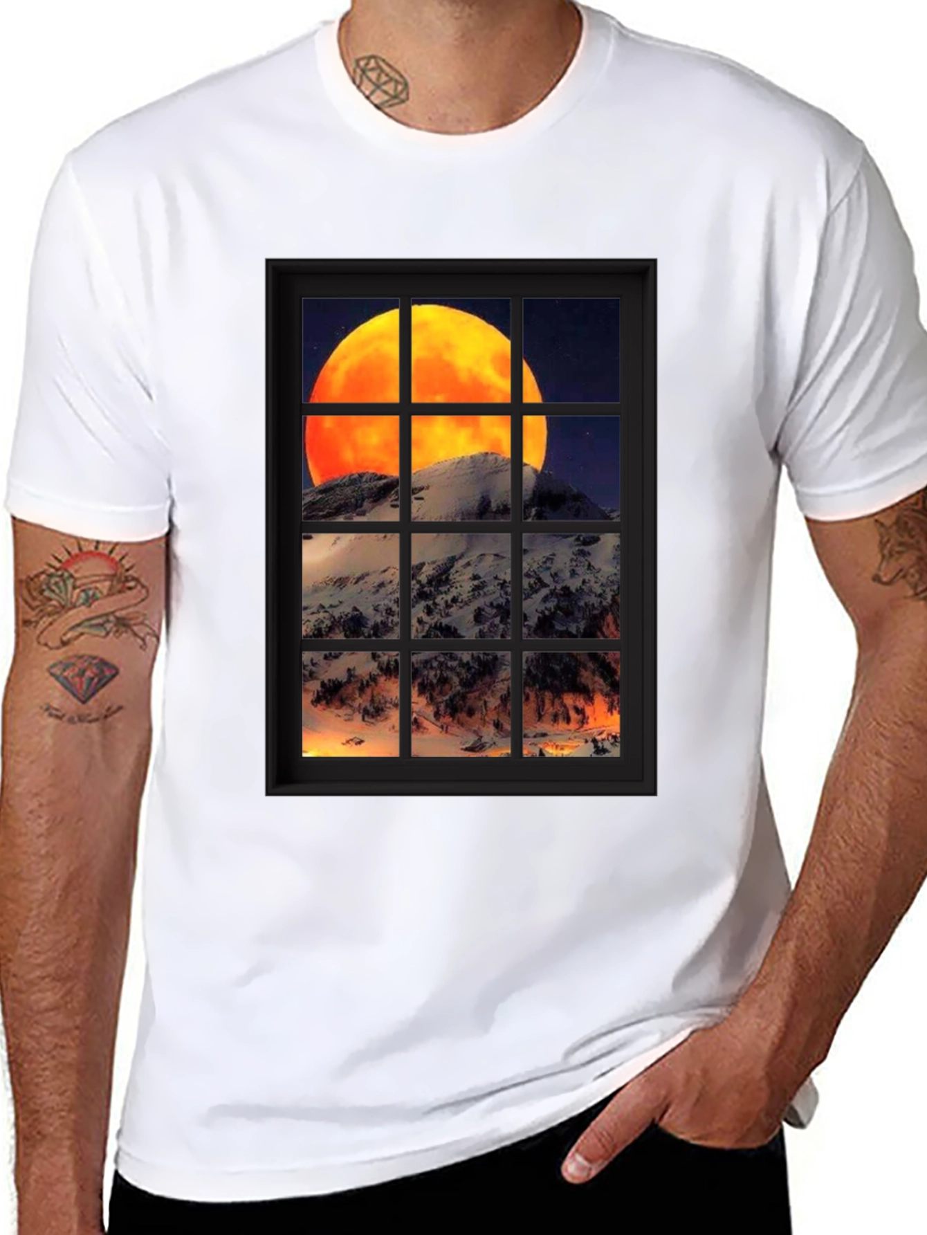 Moon Over Mountain Window View T-Shirt