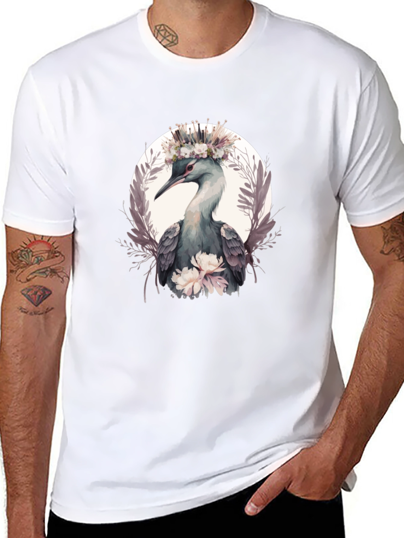 Elegant Bird Floral Crown T-Shirt