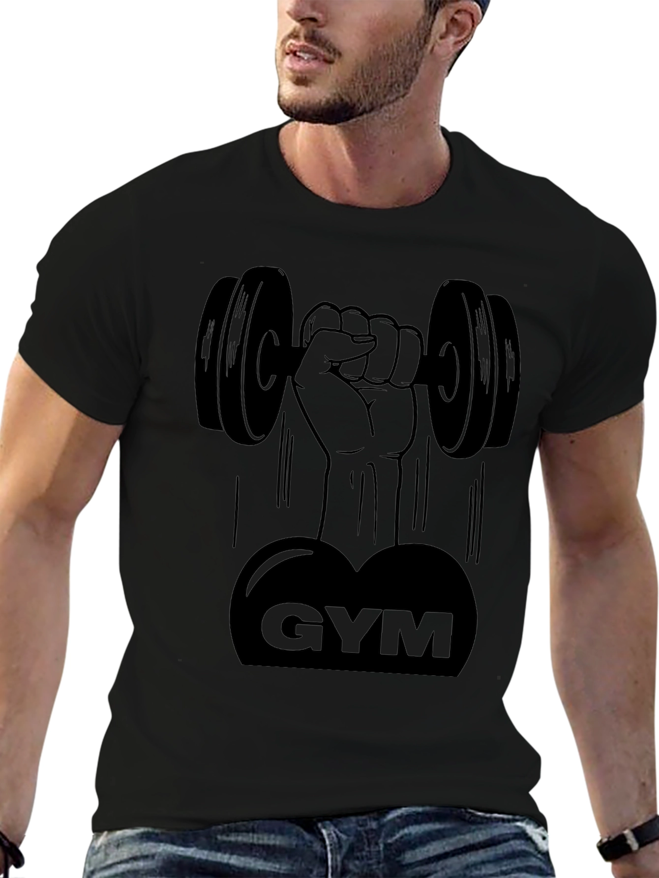 Gym Dumbbell Graphic Tee - Black Cotton