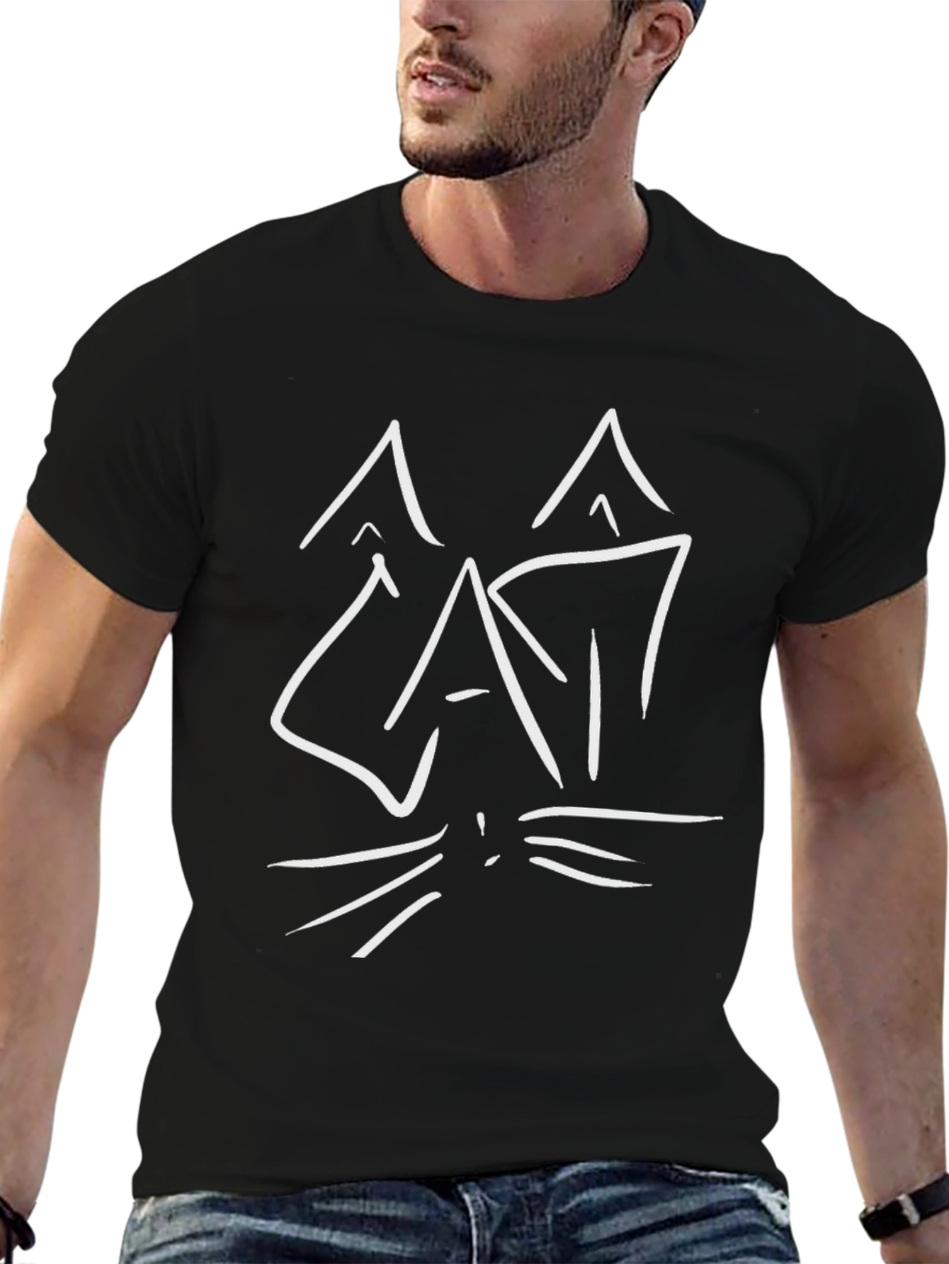 Cool Cat Outline Graphic Tee - Unisex Black T-Shirt