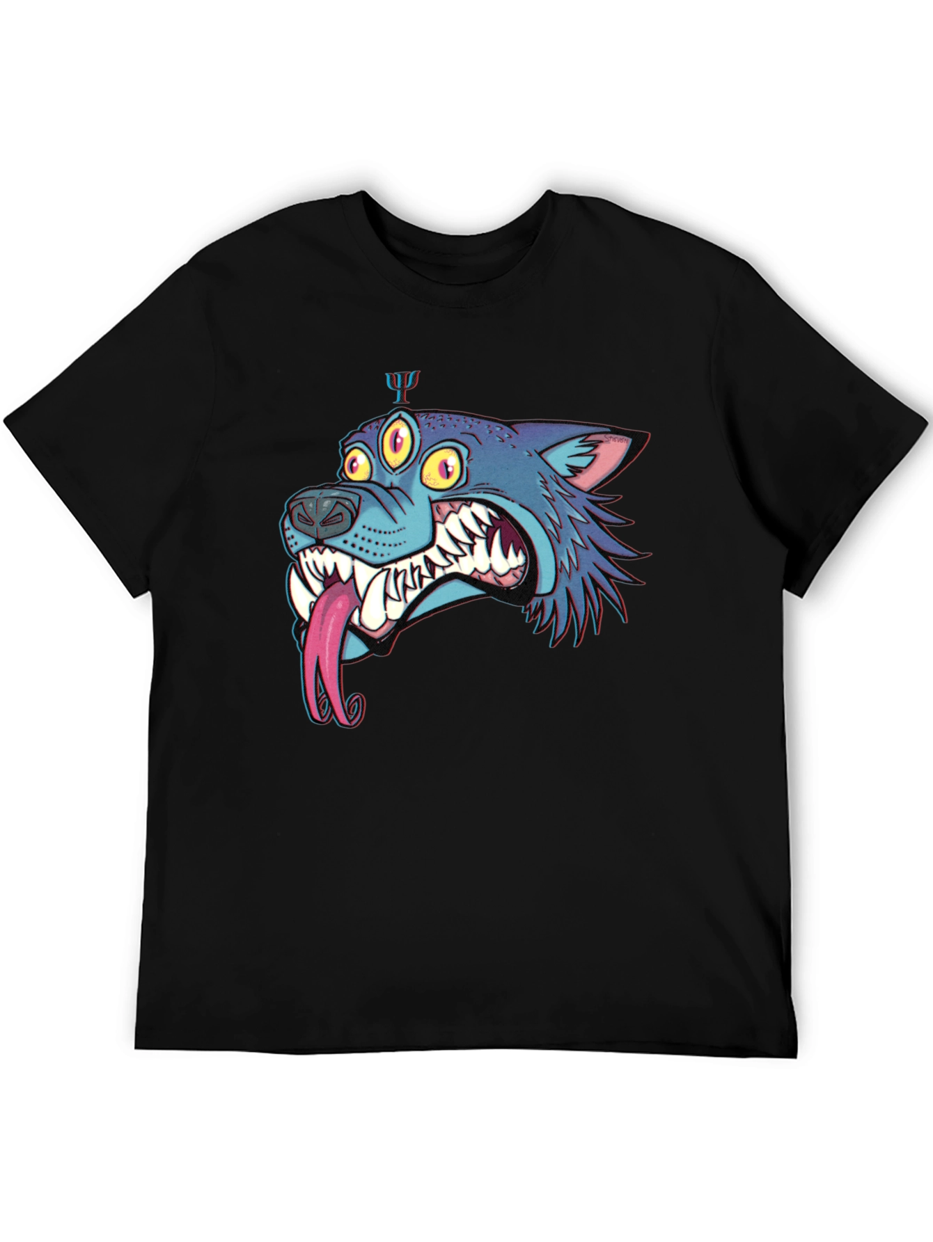 Mens Black Graphic Tee - Three-Eyed Monster Wolf