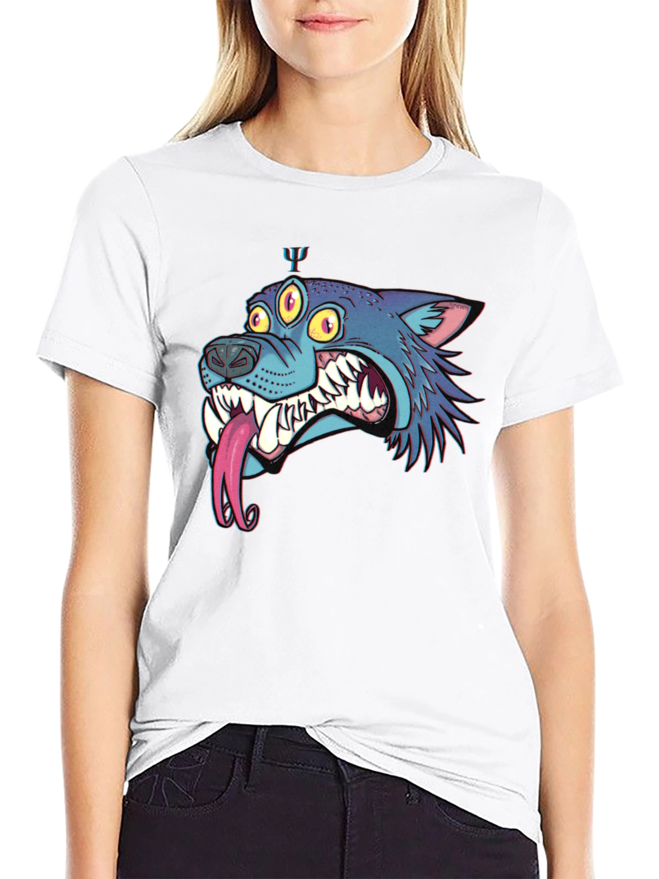 Mens Black Graphic Tee - Three-Eyed Monster Wolf