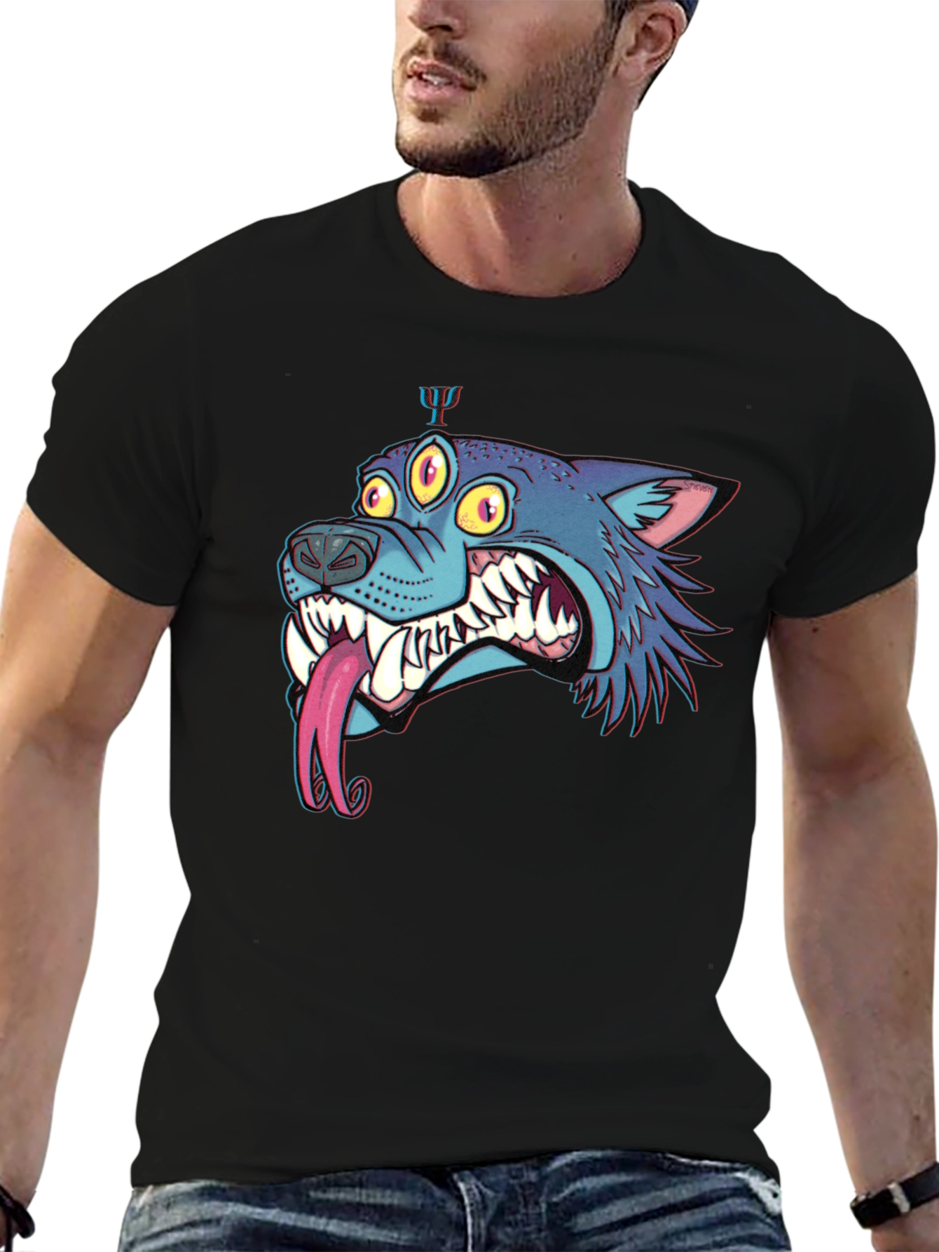 Mens Black Graphic Tee - Three-Eyed Monster Wolf