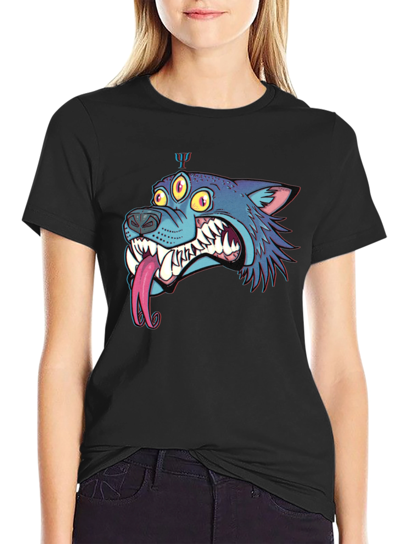Mens Black Graphic Tee - Three-Eyed Monster Wolf