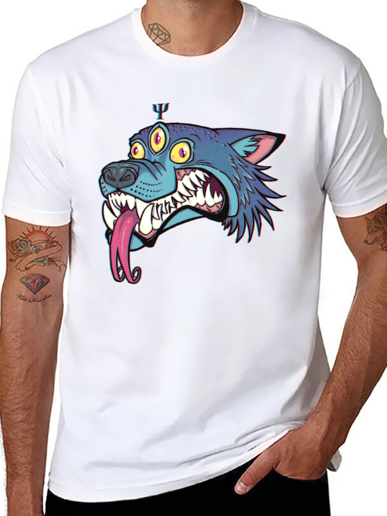 Mens Black Graphic Tee - Three-Eyed Monster Wolf