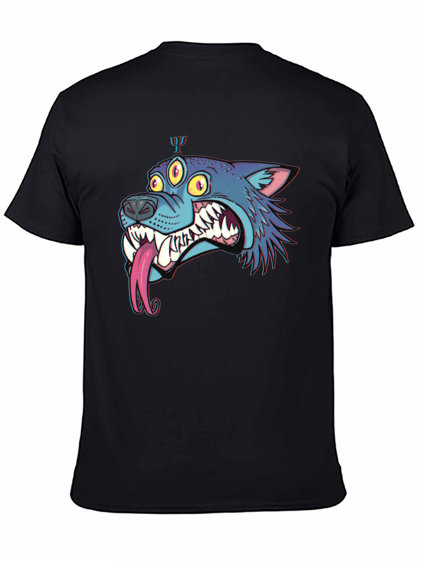 Mens Black Graphic Tee - Three-Eyed Monster Wolf