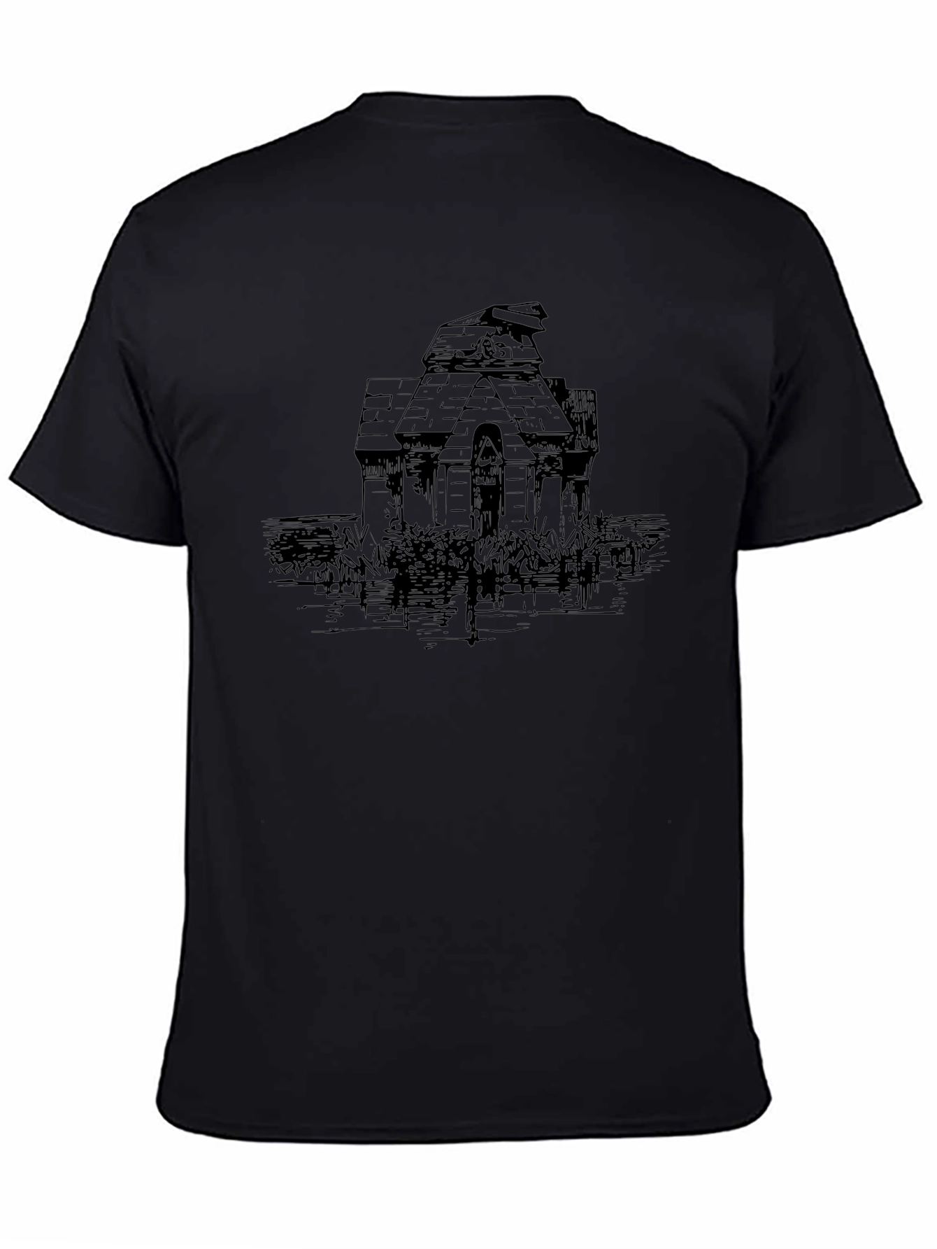 Mens Black Tee with Haunted House Graphic