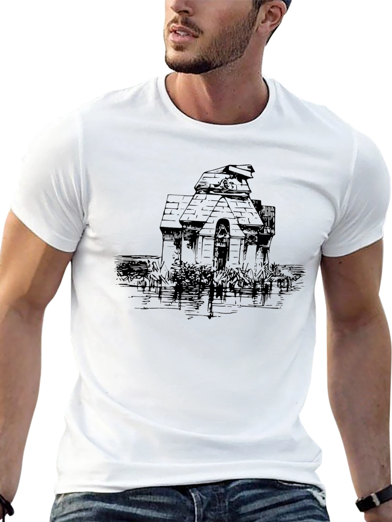 Mens Black Tee with Haunted House Graphic