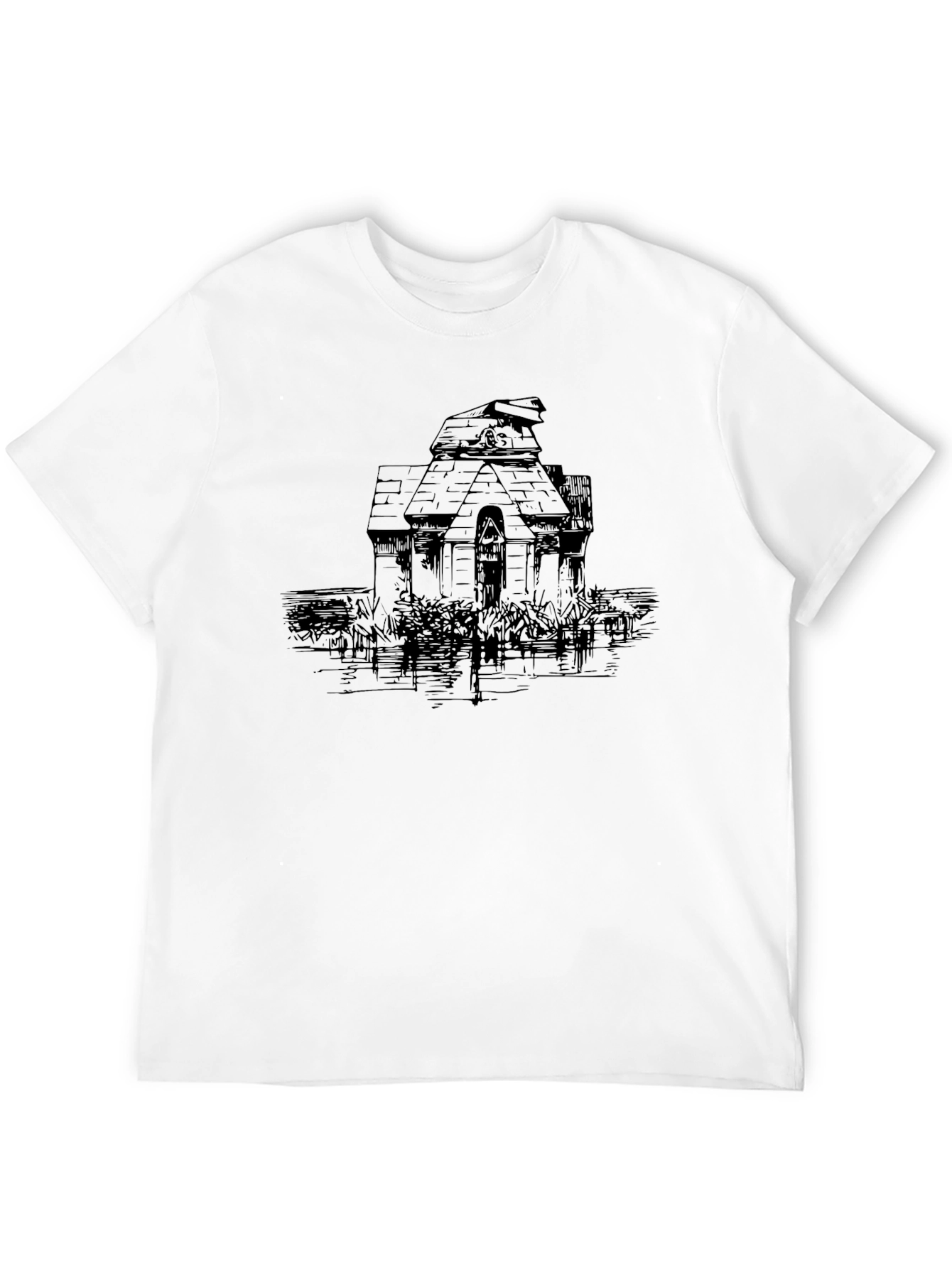 Mens Black Tee with Haunted House Graphic