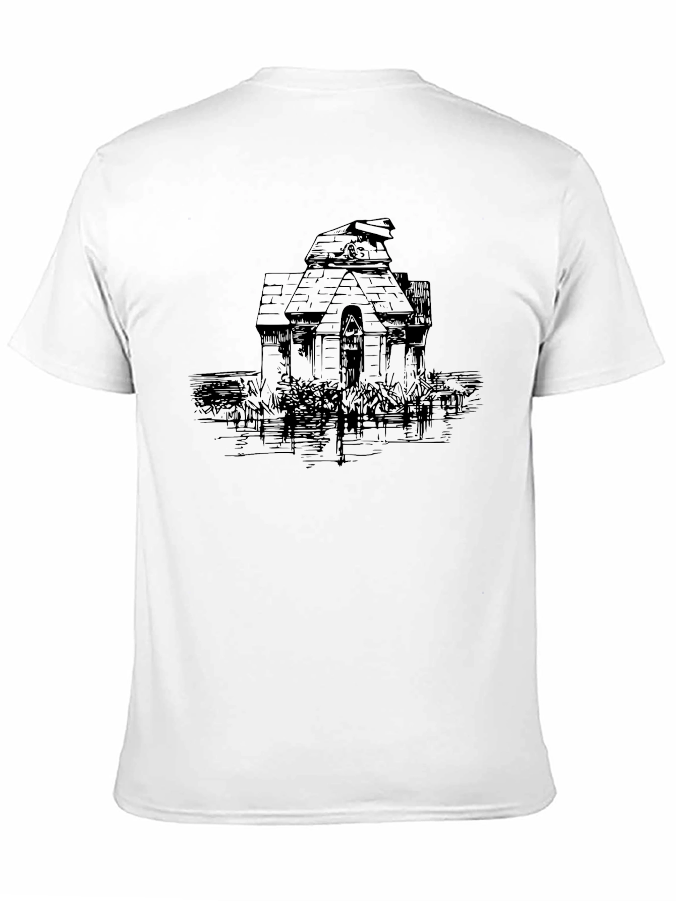 Mens Black Tee with Haunted House Graphic
