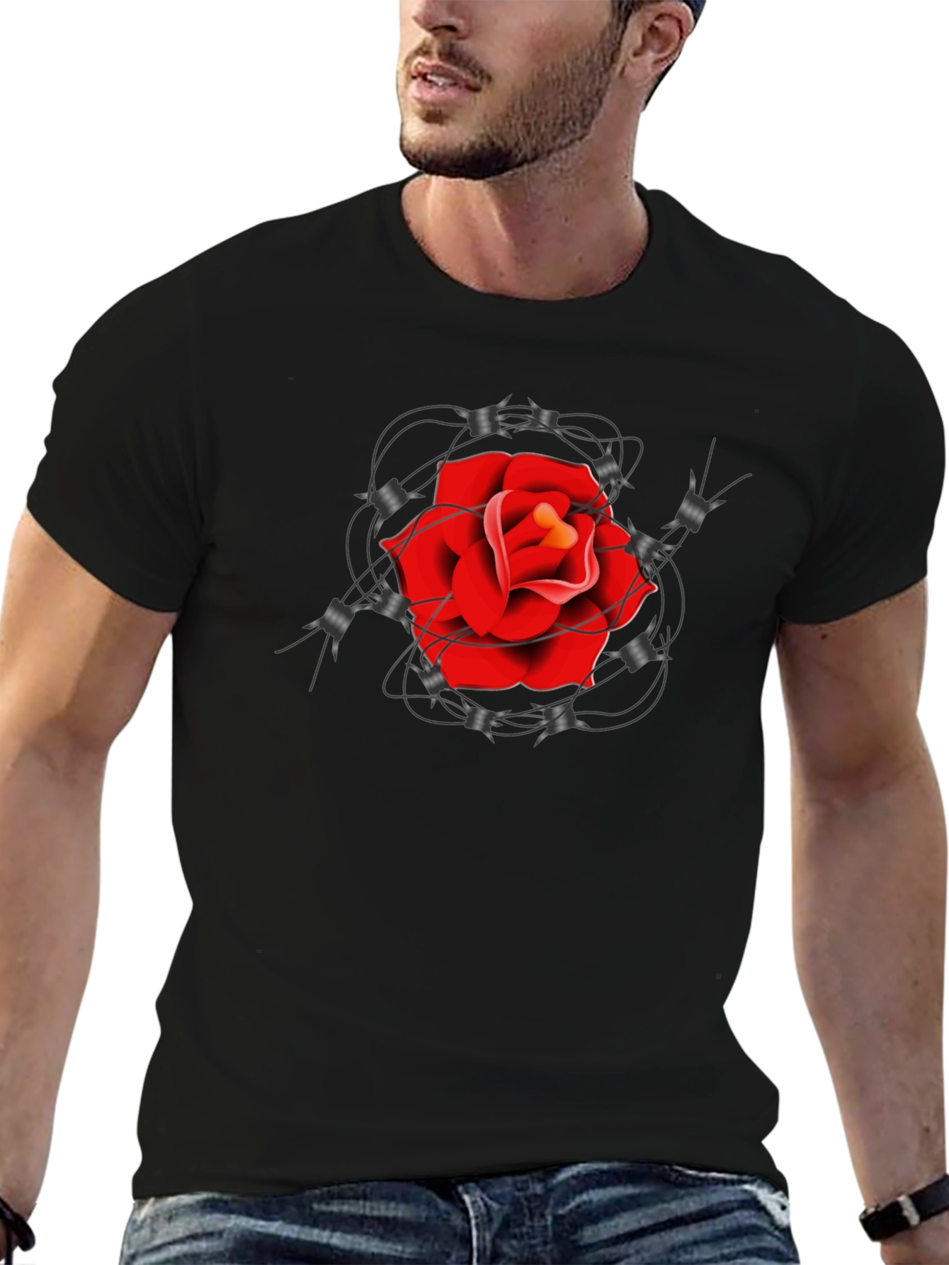 Rose and Barbed Wire Graphic Tee - Classic Black