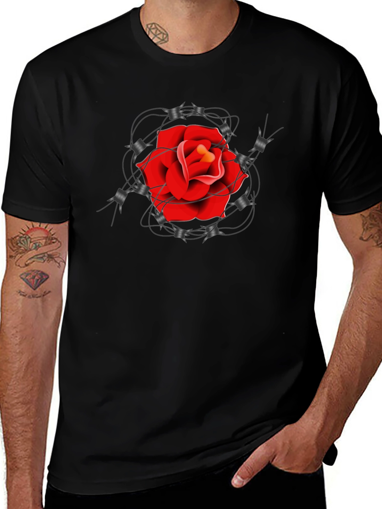 Rose and Barbed Wire Graphic Tee - Classic Black