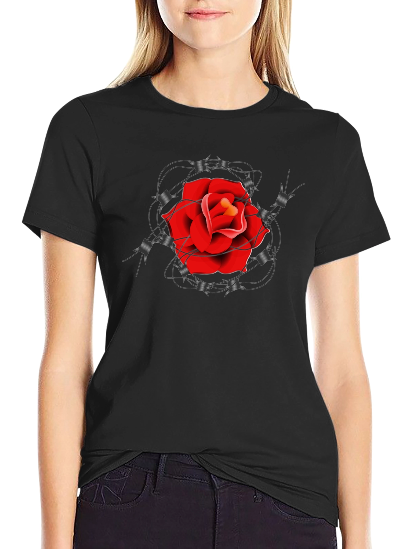 Rose and Barbed Wire Graphic Tee - Classic Black