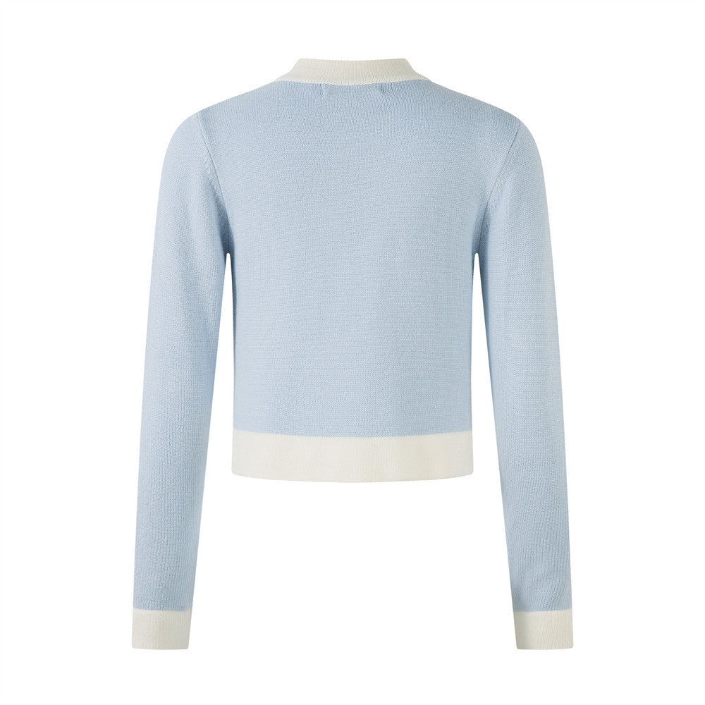 Short Length Long Sleeve Knit Cardigan  Color Block Round Neck Buttoned Sweater