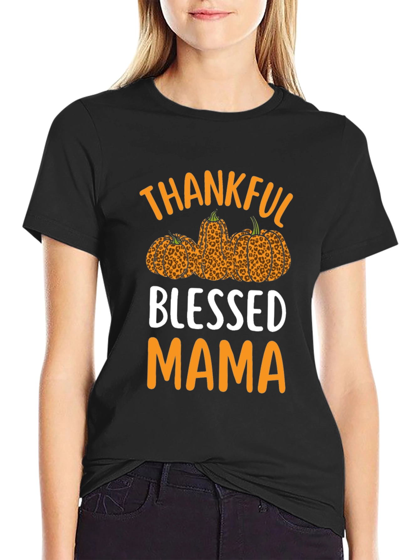 Thankful Blessed Mama Leopard Pumpkin T-Shirt