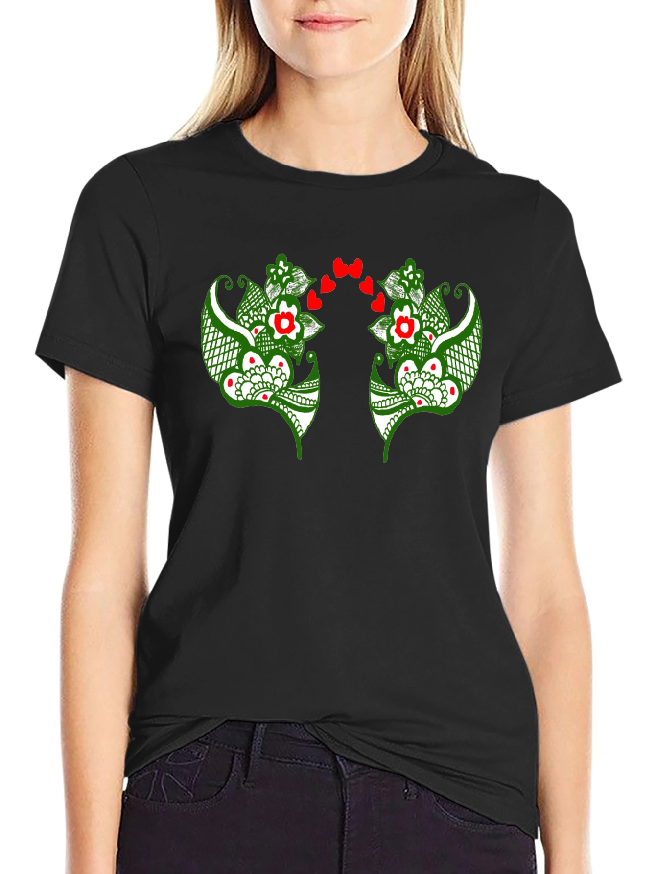 Floral Heart Graphic Black T-Shirt