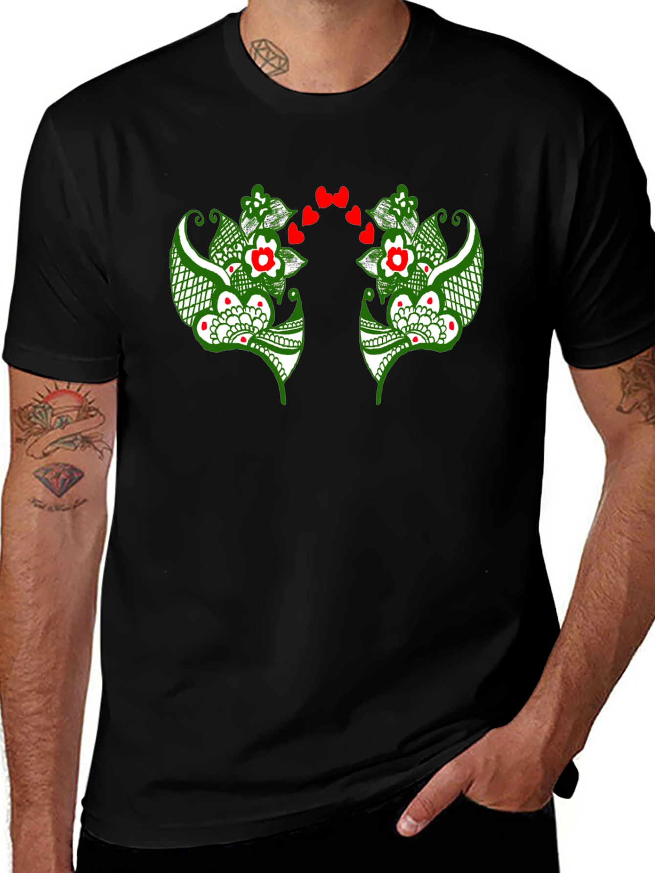 Floral Heart Graphic Black T-Shirt