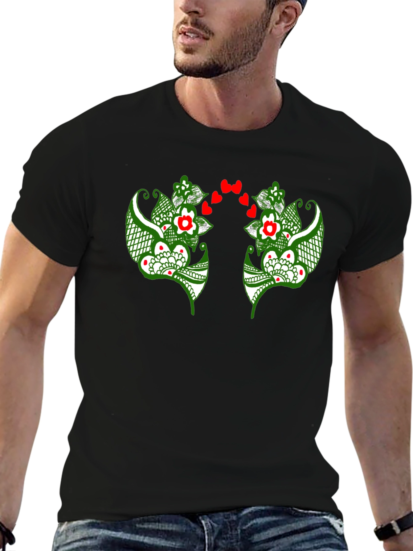 Floral Heart Graphic Black T-Shirt