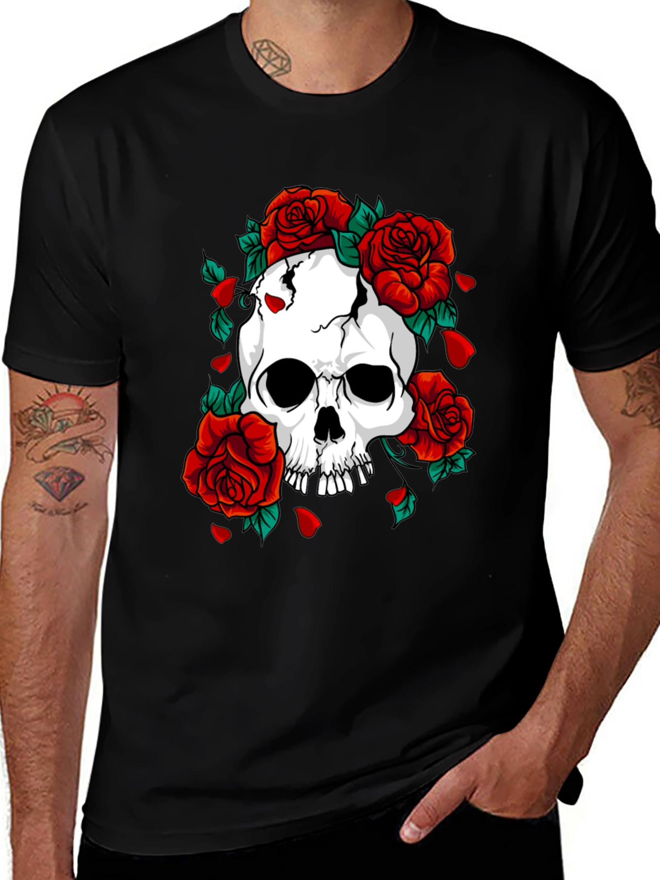 Skull & Roses Graphic Print Black T-Shirt