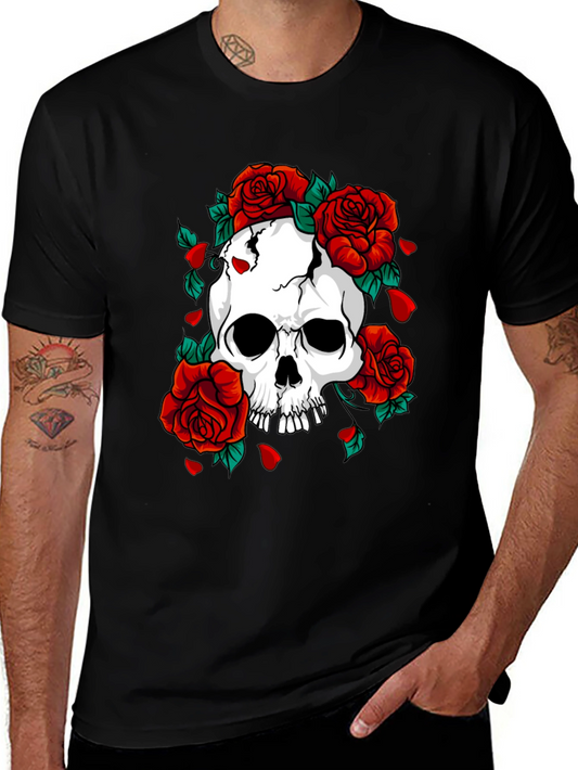 Skull & Roses Graphic Print Black T-Shirt