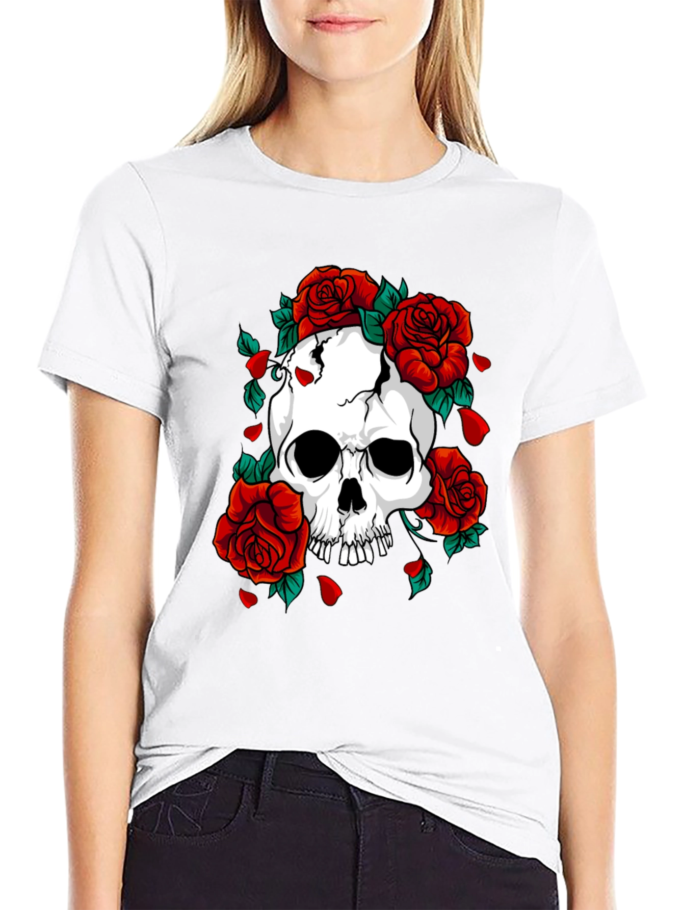 Skull & Roses Graphic Print Black T-Shirt